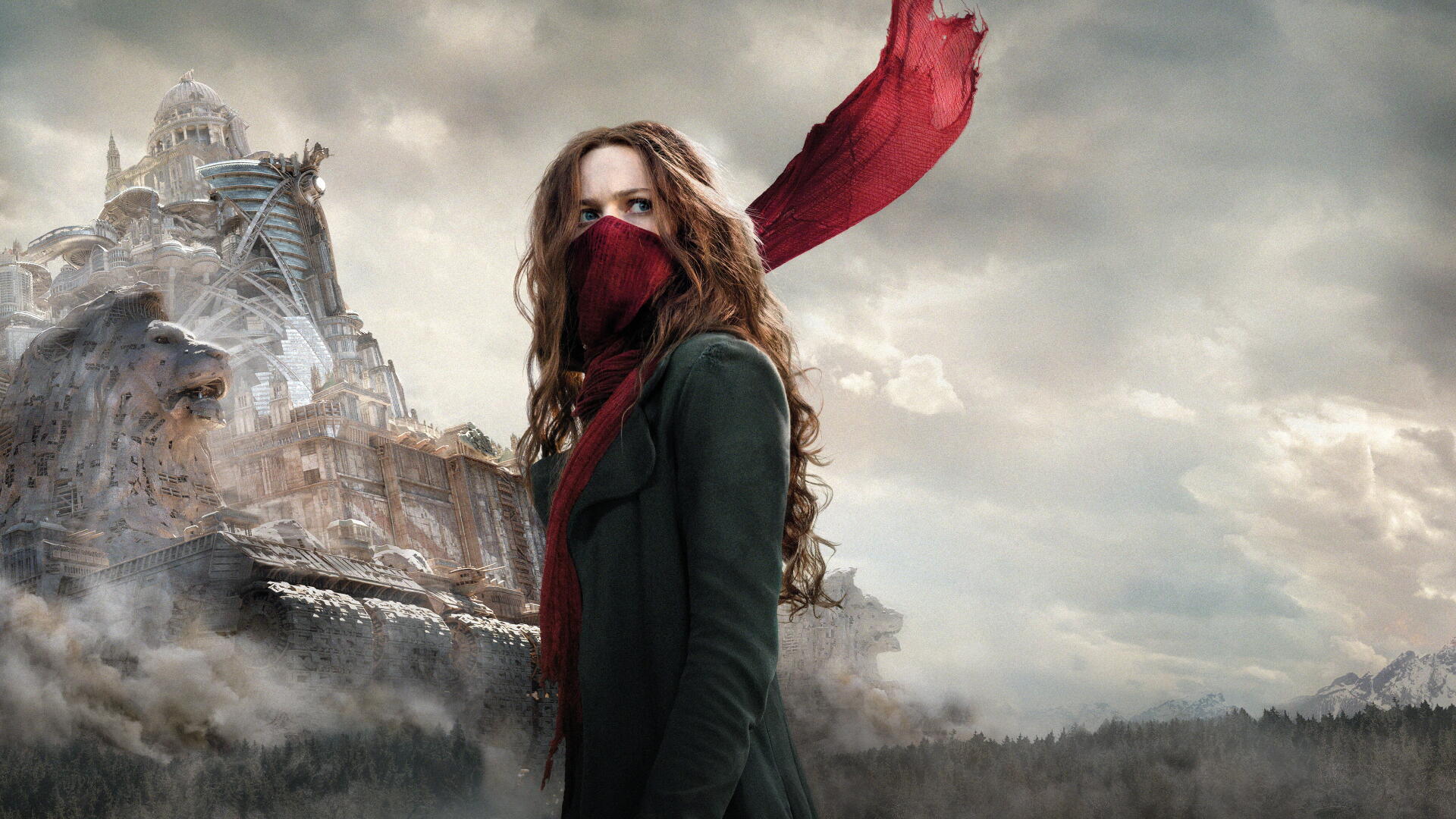 Mortal Engines 4K Ultra HD PC desktop wallpaper/background: masked woman with windswept red scarf stands before a colossal mobile city under stormy skies.