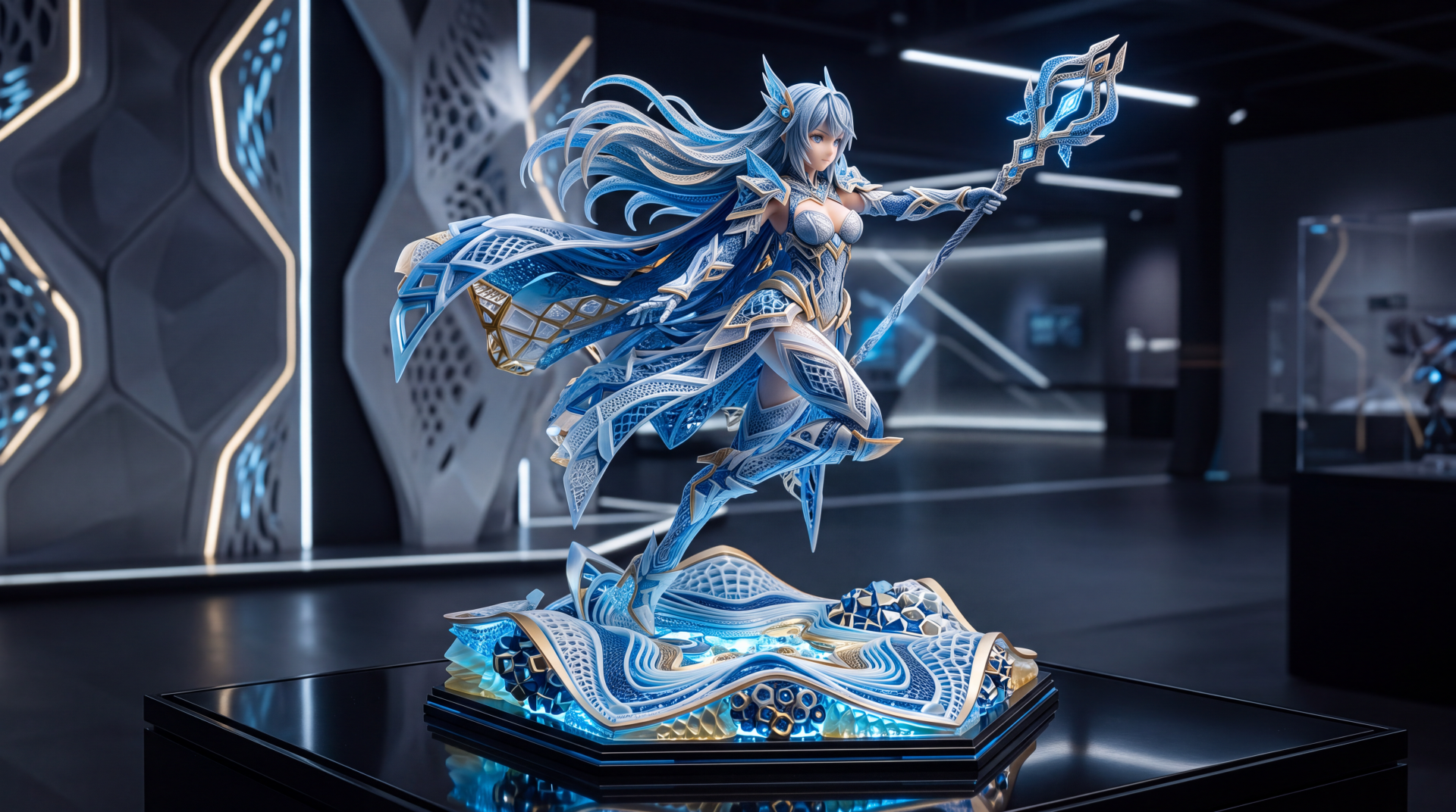 5K Ultra HD PC desktop wallpaper background of an anime figure: blue-haired armored mage with a glowing staff, poised on an ornate illuminated base in a sleek futuristic display room.