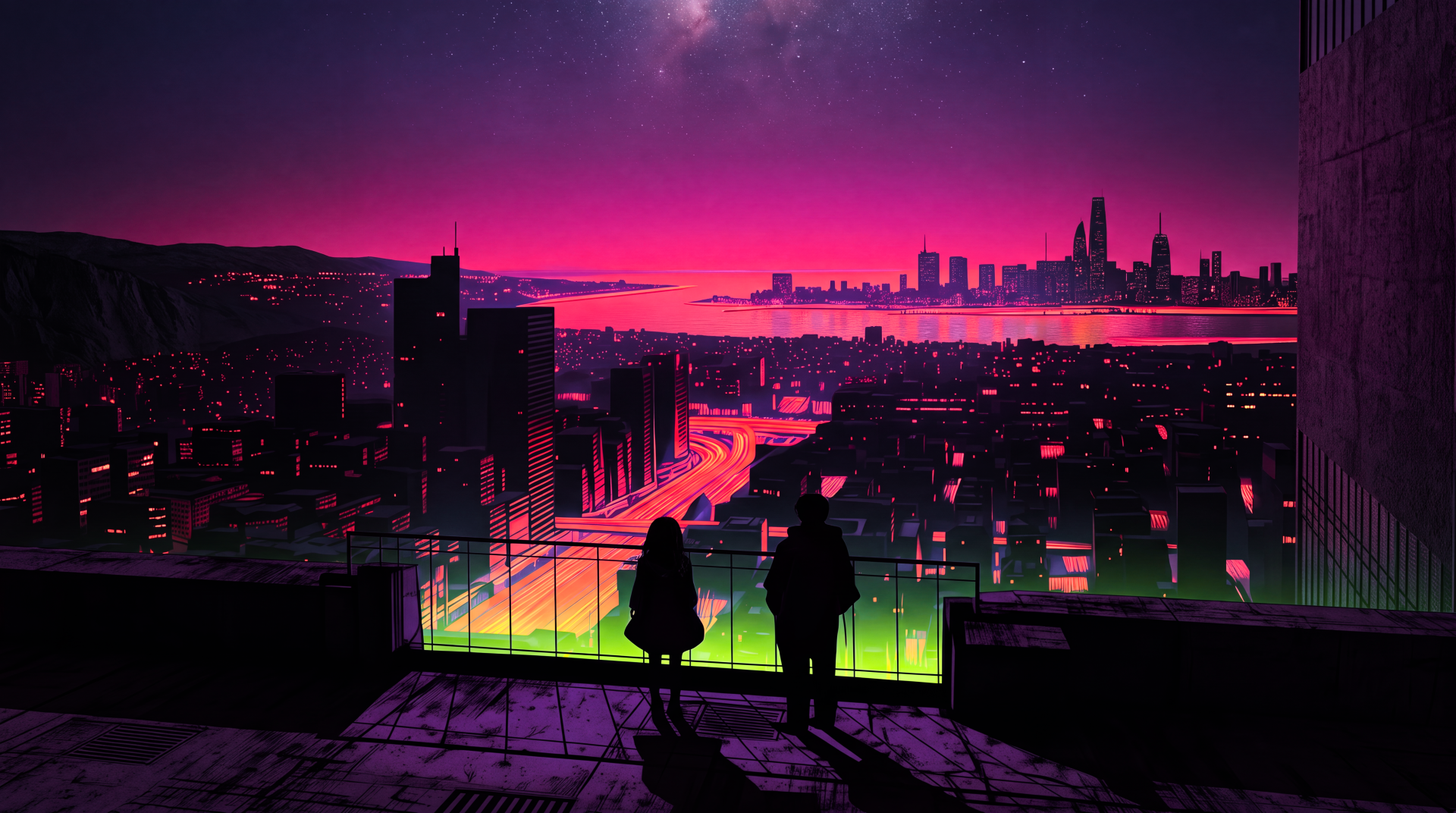 5K Ultra HD PC wallpaper: neon-art Midnight City skyline under a pink-purple night sky, silhouetted figures on a rooftop overlooking glowing streets and distant towers.