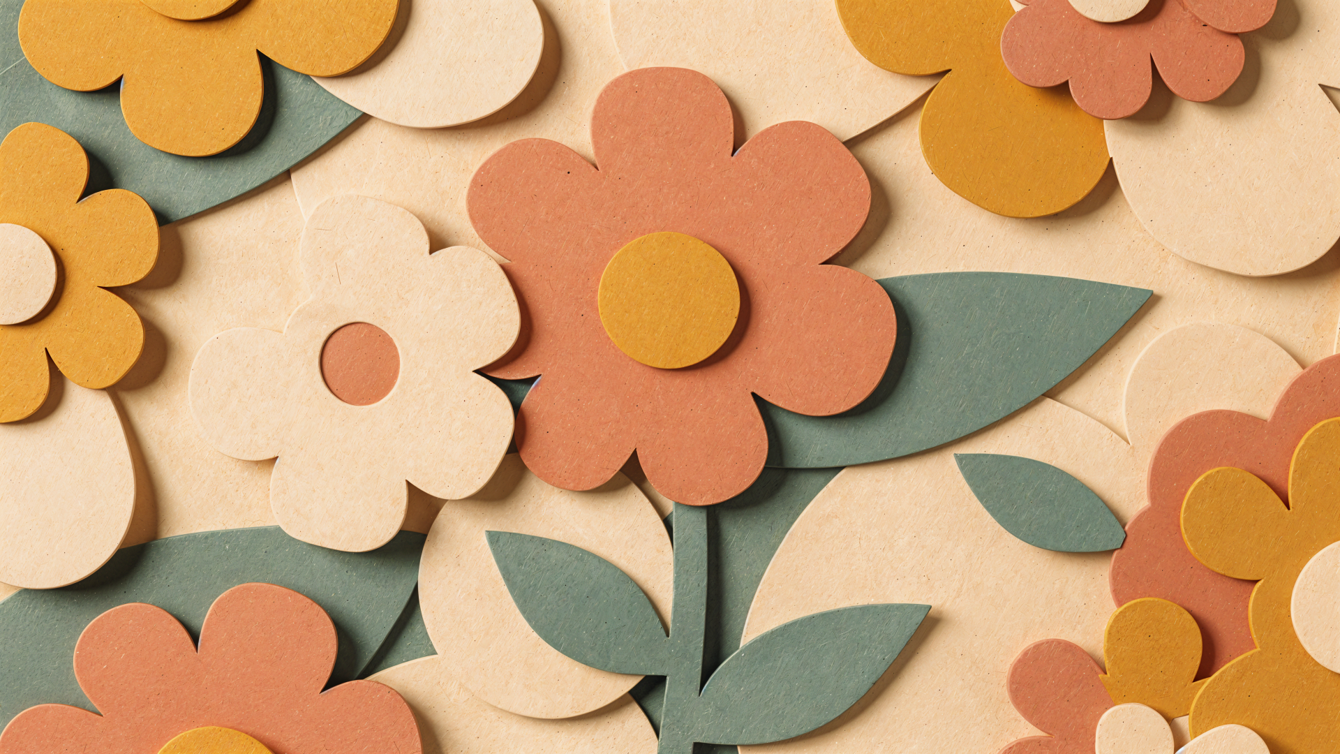 Retro floral 4K Ultra HD PC desktop wallpaper: layered paper-cut flowers and leaves in muted peach, mustard, cream and teal on a warm beige background.