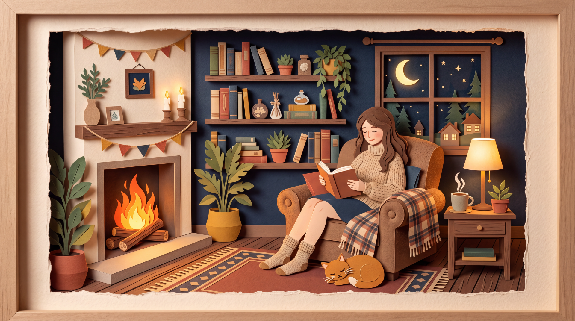 Cozy aesthetic 5K Ultra HD PC desktop wallpaper and background: a woman reads on a plaid armchair by a crackling fireplace, bookshelves, potted plants, a cat on the rug and a moonlit window.