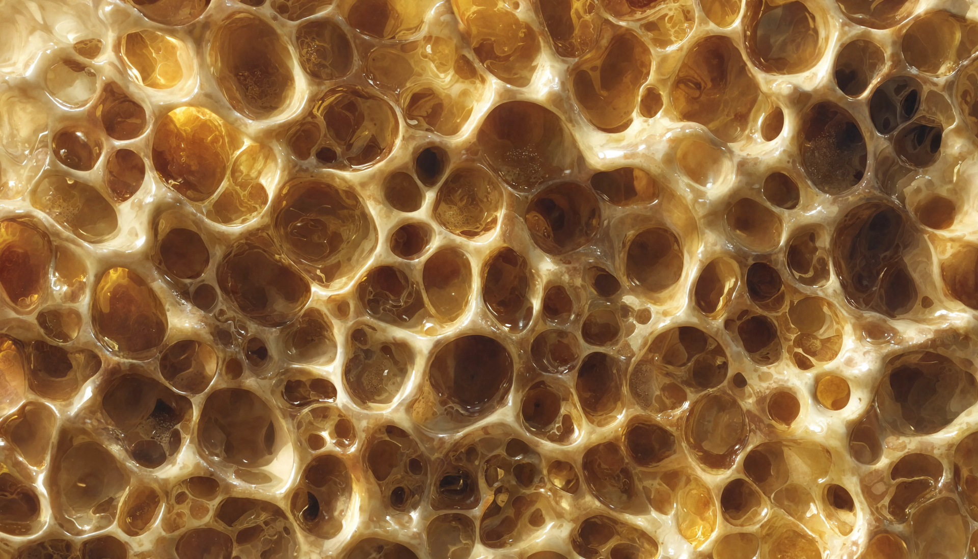 Close-up honeycomb in warm amber tones, highly detailed 5K Ultra HD PC desktop wallpaper/background.