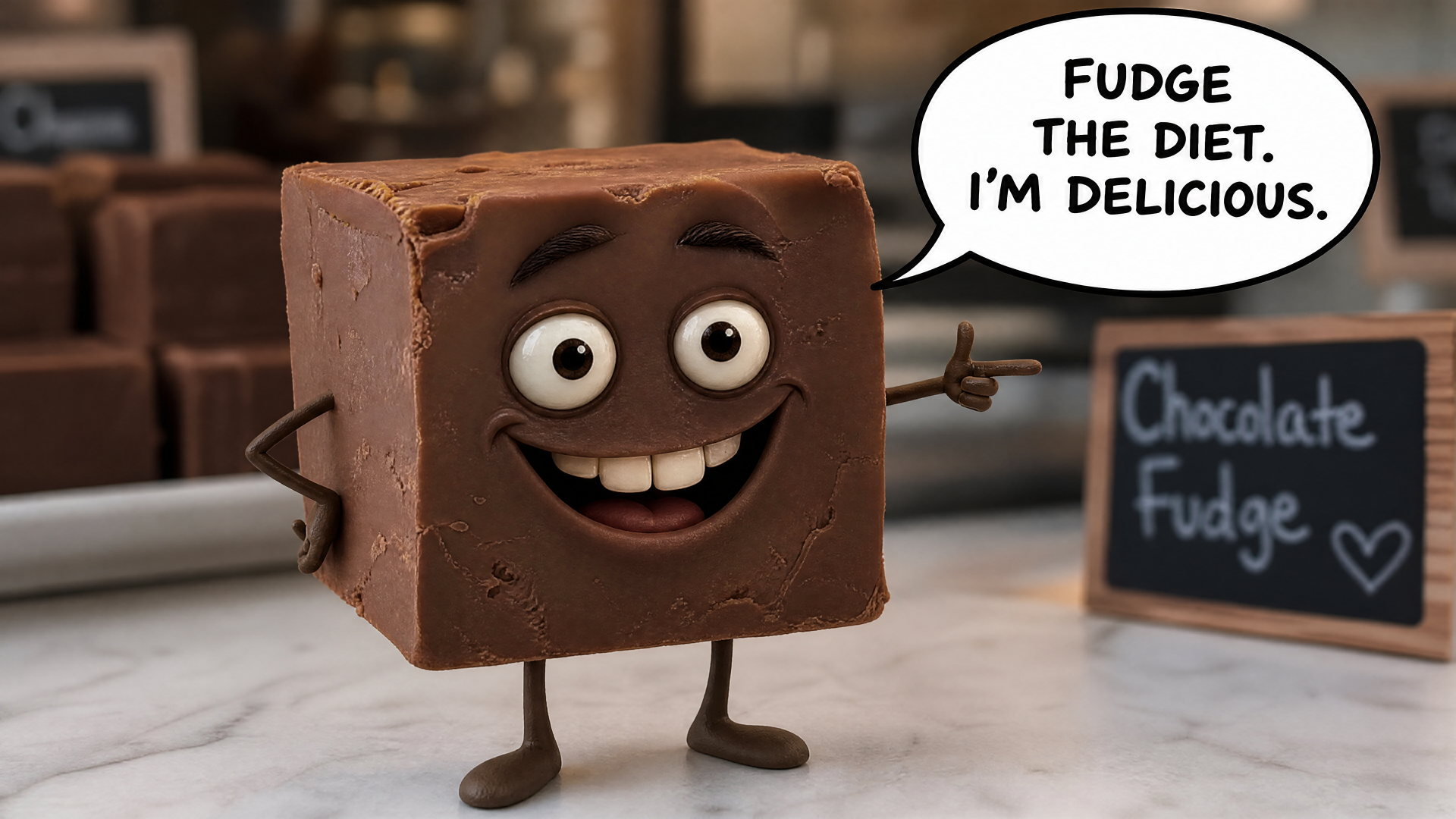 Smiling cartoon fudge square with arms and legs, speech bubble: Fudge the diet. I'm delicious. Chalkboard reads Chocolate Fudge. 4K Ultra HD PC desktop wallpaper/background.