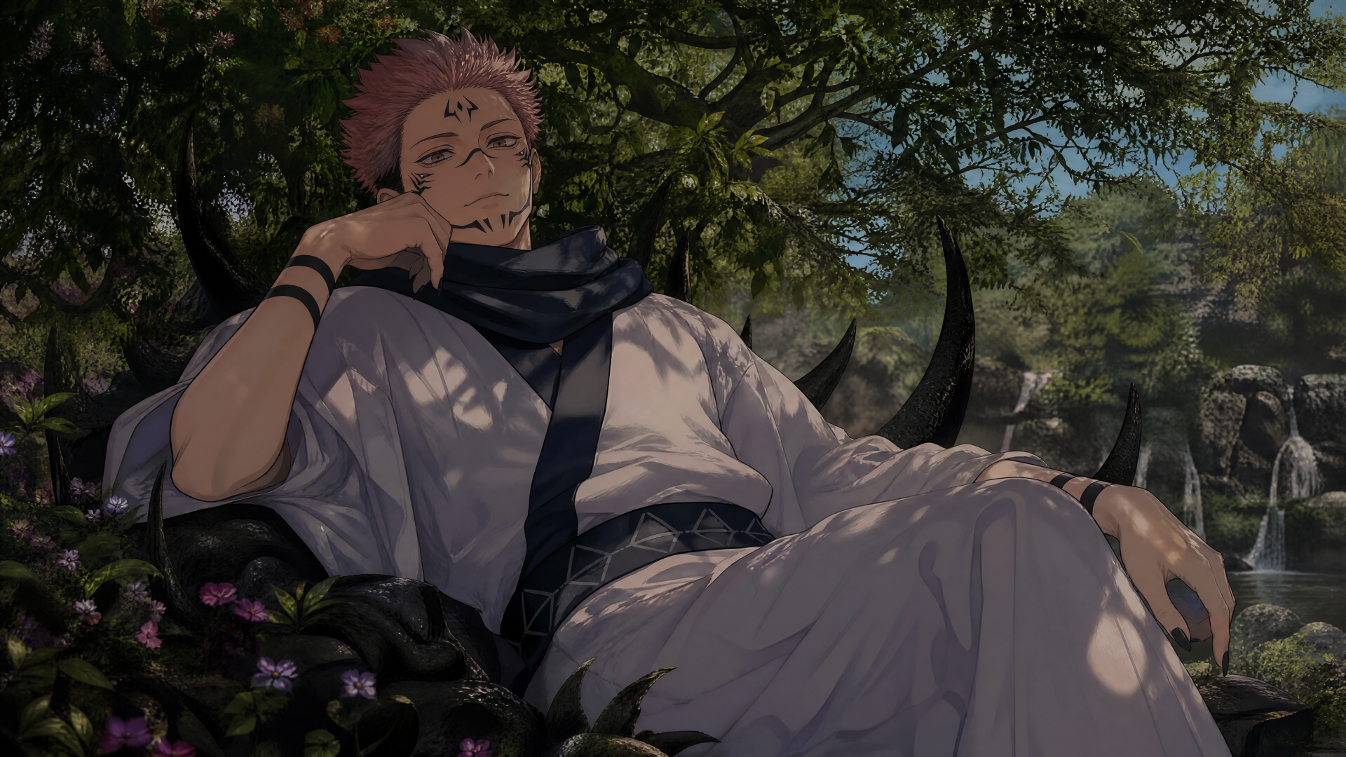 Sukuna (Jujutsu Kaisen) reclines in a sun-dappled forest in a kimono, smirking with cursed markings — high-detail 4K Ultra HD PC desktop wallpaper background.