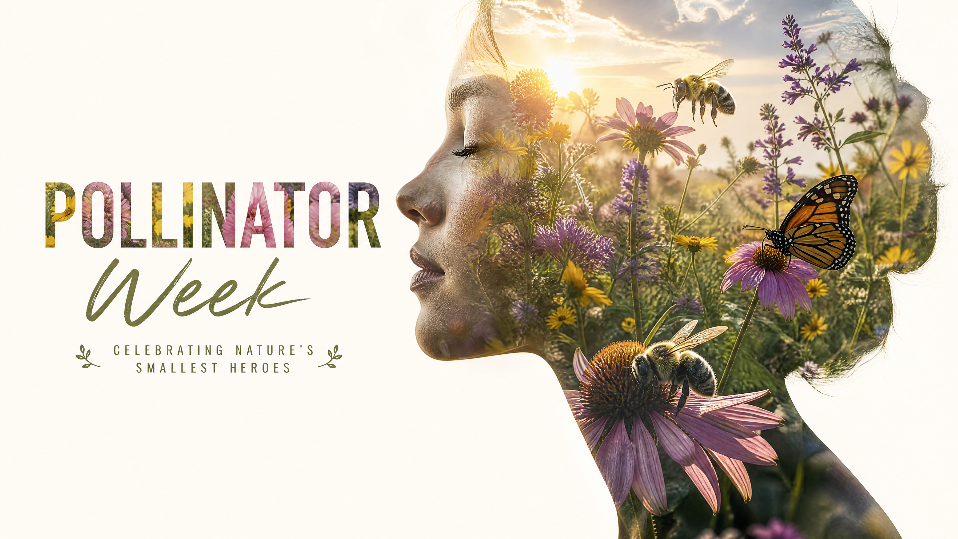 Pollinator Week 4K Ultra HD PC desktop wallpaper showing a woman's profile filled with flowers, bees and a monarch butterfly in a sunlit meadow.