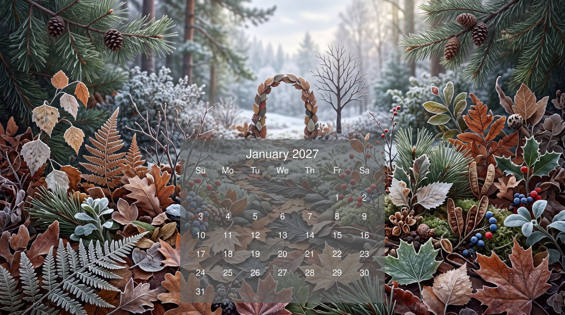 Winter forest scene with frost-covered leaves and woven basket foreground; January 2027 calendar overlay; 5K Ultra HD PC desktop wallpaper/background.