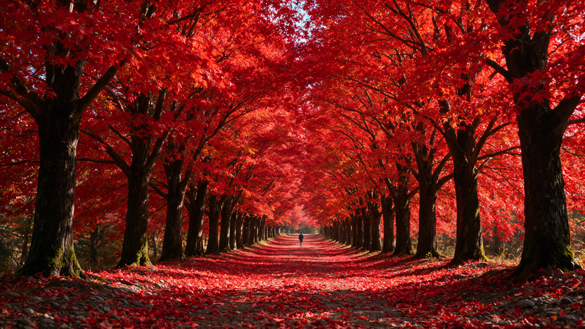 4K Ultra HD PC desktop wallpaper: crimson autumn trees forming a tunnel over a leaf-strewn forest path.