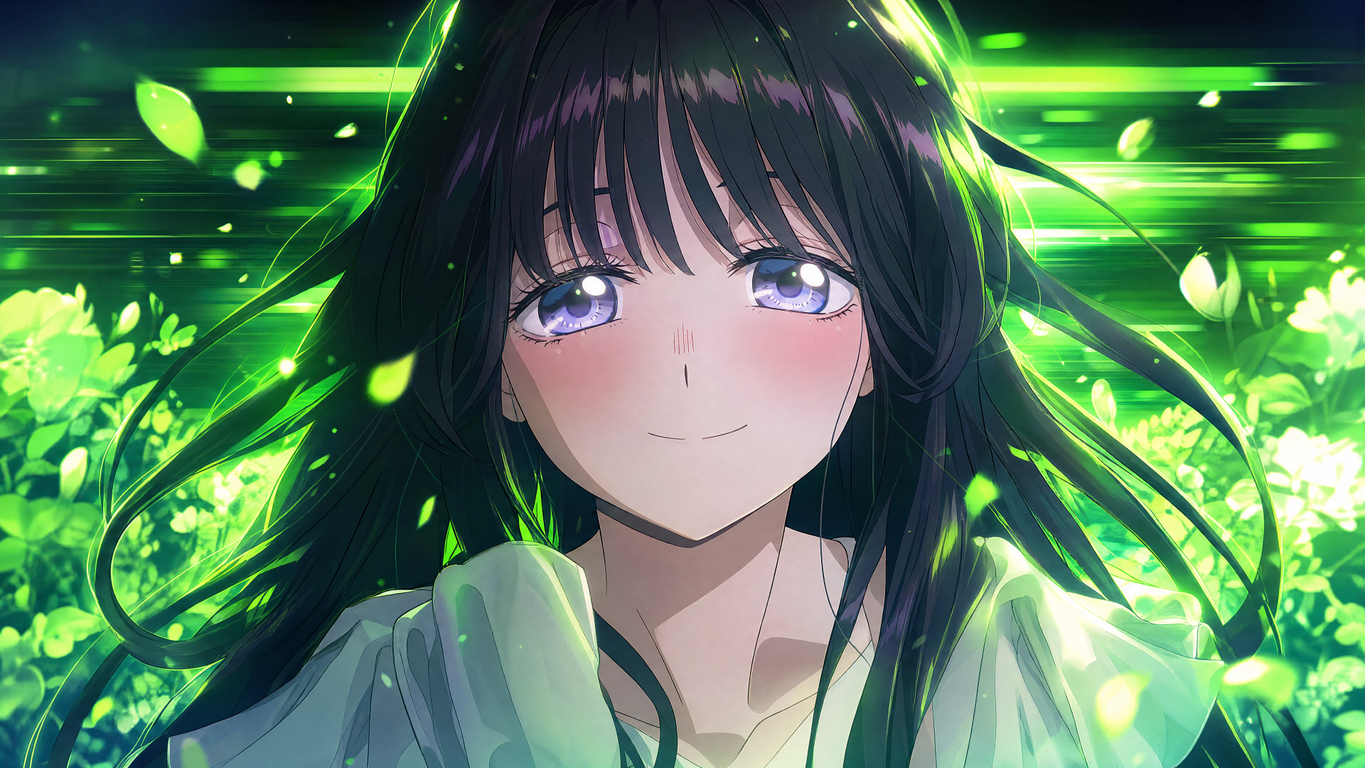 Anime portrait of Kaoruko Waguri from The Fragrant Flower Blooms With Dignity: dark-haired girl with glowing violet eyes amid green petals — 4K Ultra HD PC desktop wallpaper.