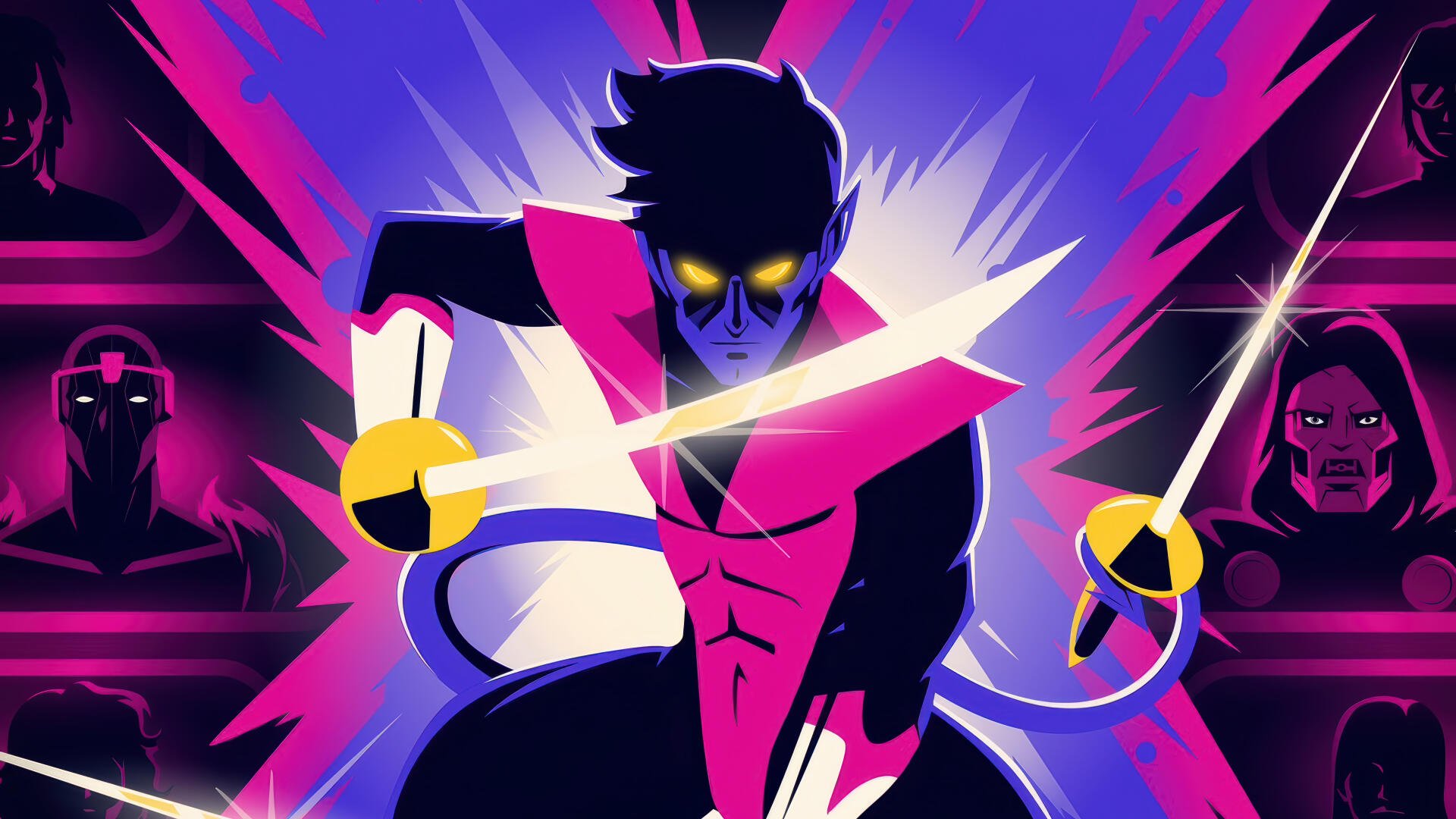 X-Men '97 4K Ultra HD PC Desktop Wallpaper and Background — stylized mutant with glowing yellow eyes and neon pink energy blades, lunging forward against a purple burst.