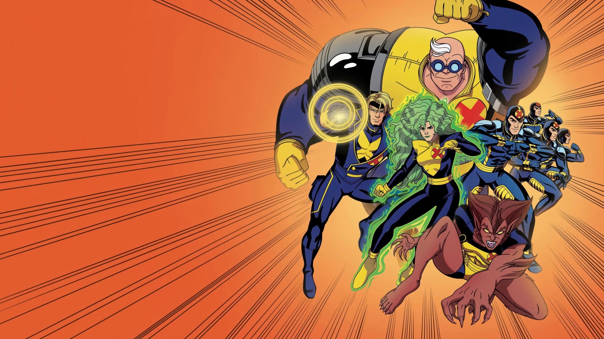 X-Men '97 4K Ultra HD PC desktop wallpaper and background showing the animated X‑Men team charging forward against an orange speed-line backdrop.