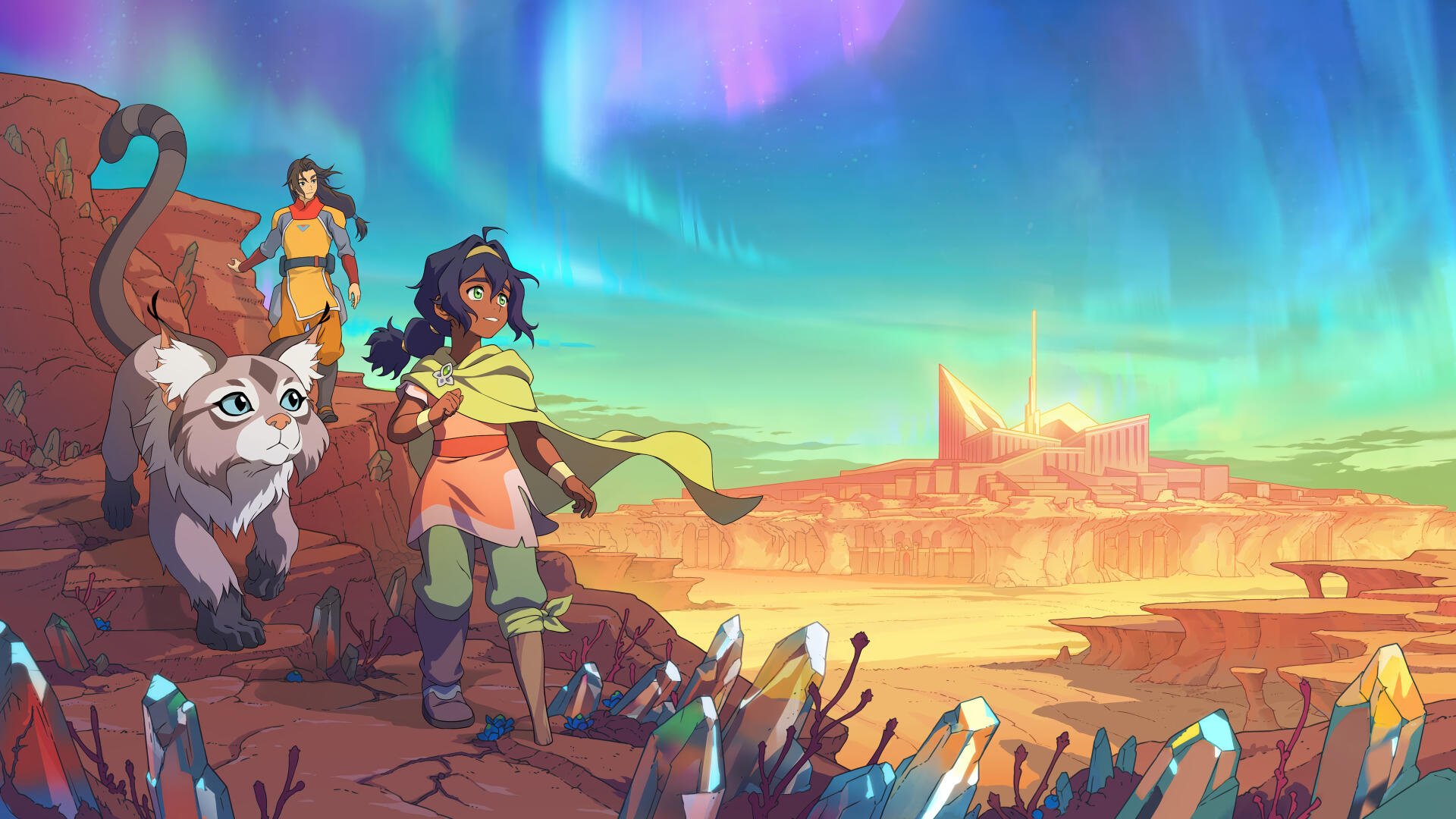 Avatar: Seven Havens 4K Ultra HD PC wallpaper/background — three adventurers and a wolf-like companion overlook a crystal-studded canyon and distant glowing city beneath aurora skies.