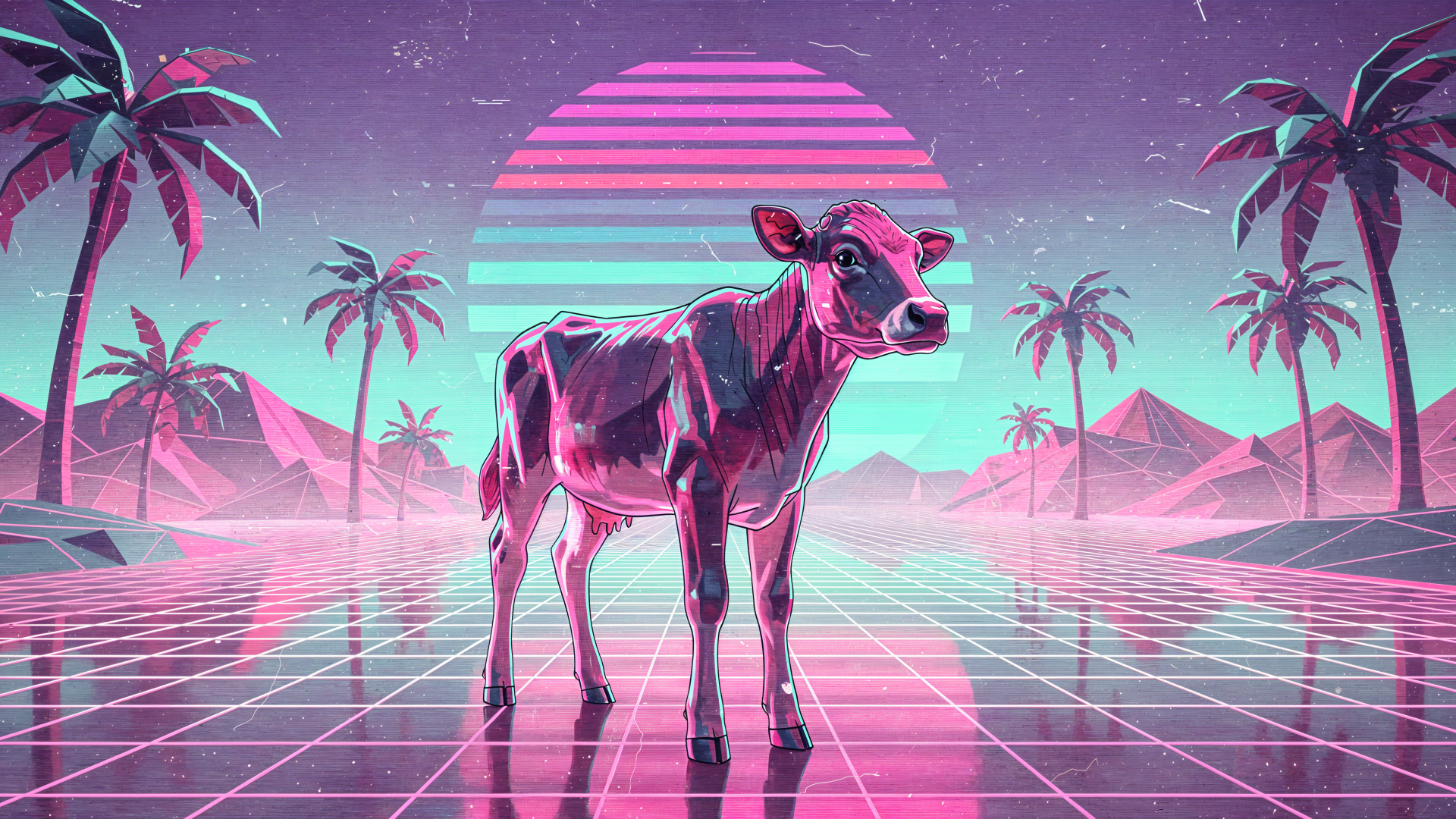 Retro neon calf/cow in a synthwave landscape: reflective grid, palm trees and striped sun in pink and teal — stylized 4K Ultra HD PC desktop wallpaper and background.