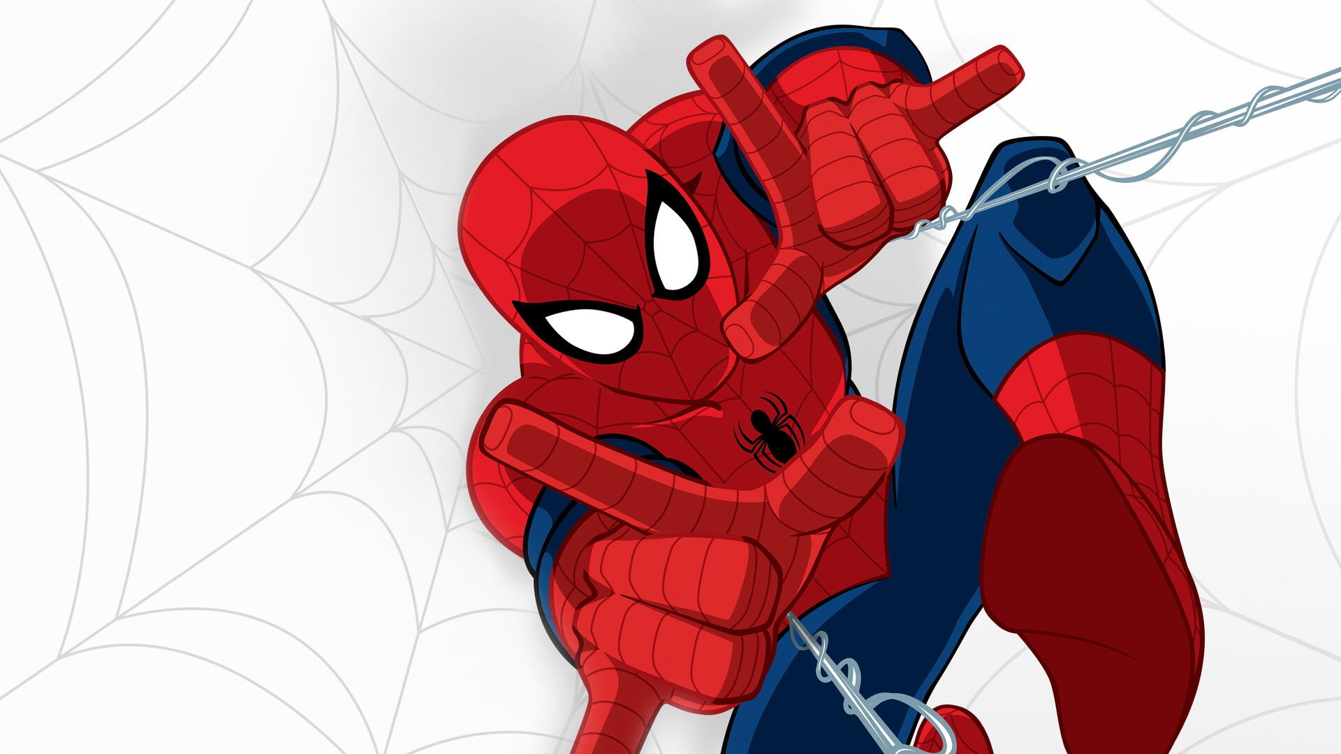 Ultimate Spider-Man (TV show) in a dynamic 4K Ultra HD PC desktop wallpaper, web-slinging toward the viewer against a pale webbed background.