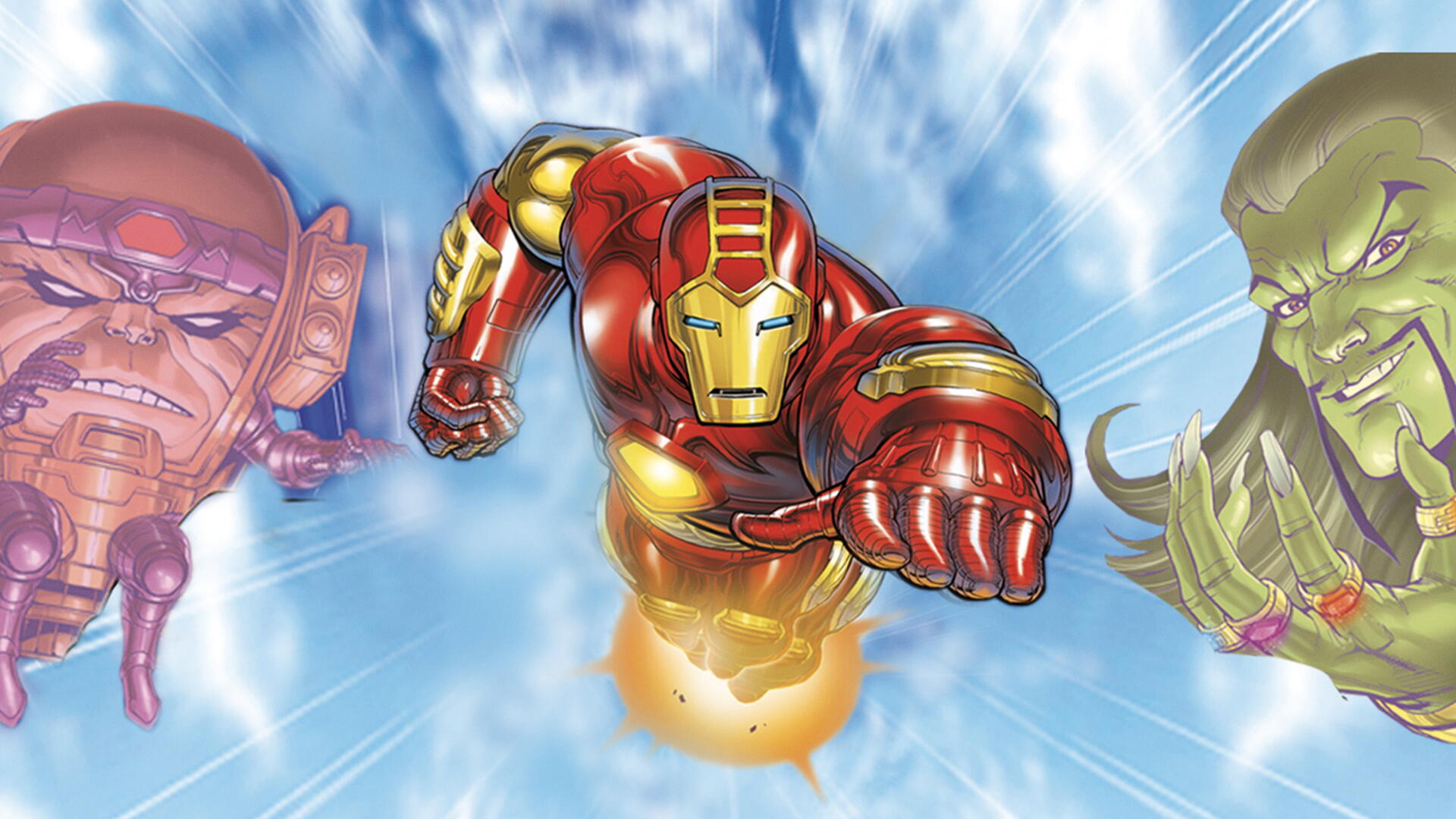 Iron Man (TV Show) in armor blasts forward through clouds with a glowing repulsor, flanked by two looming alien faces — 4K Ultra HD PC desktop wallpaper background.