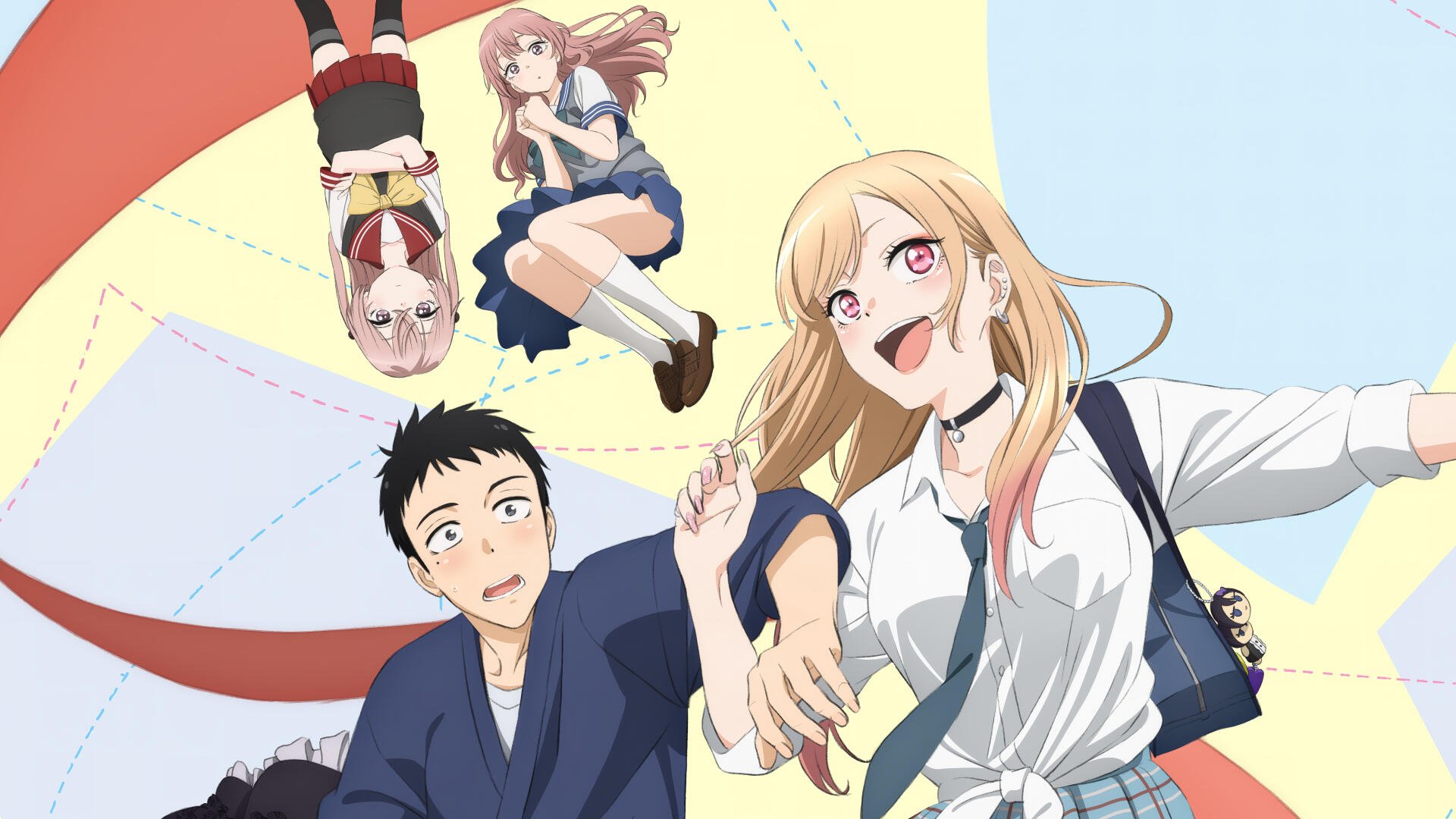 My Dress-Up Darling anime 4K Ultra HD PC desktop wallpaper: three characters — a smiling blonde girl, a surprised young man, and a small girl — playfully posing beneath a colorful parasol.