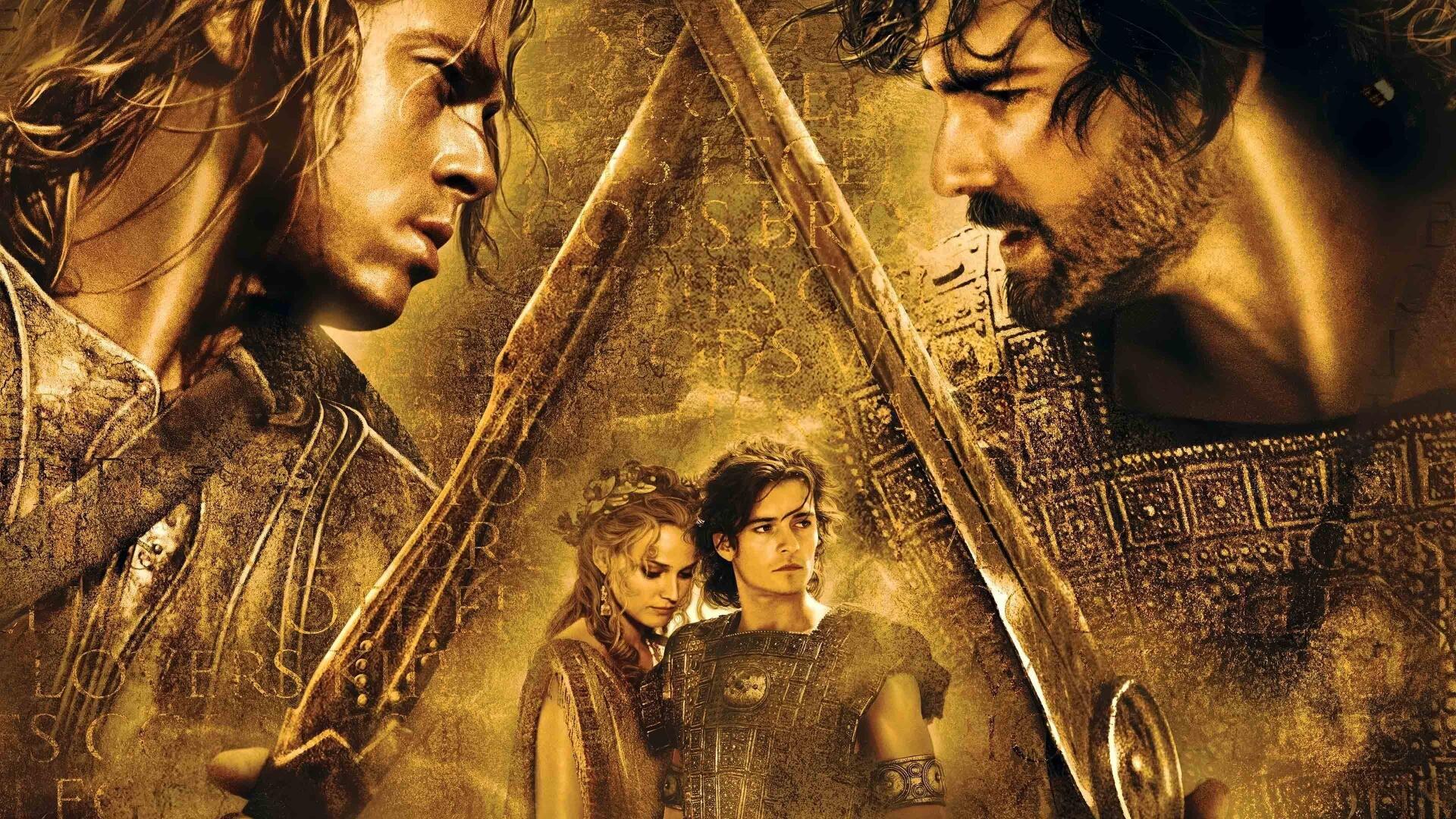 4K Ultra HD PC desktop wallpaper for Troy: golden-toned image of two armored warriors facing off with crossed swords above two cloaked figures, dramatic cinematic composition.