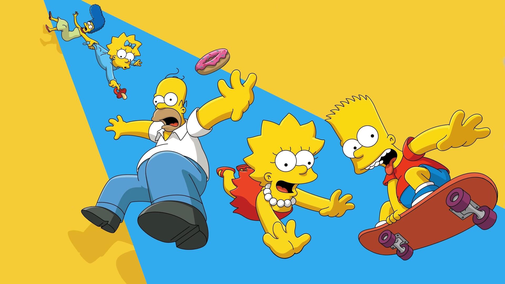 The Simpsons: Homer, Lisa, Bart and Maggie tumbling across a blue diagonal on a yellow field — colorful 4K Ultra HD PC desktop wallpaper and background.