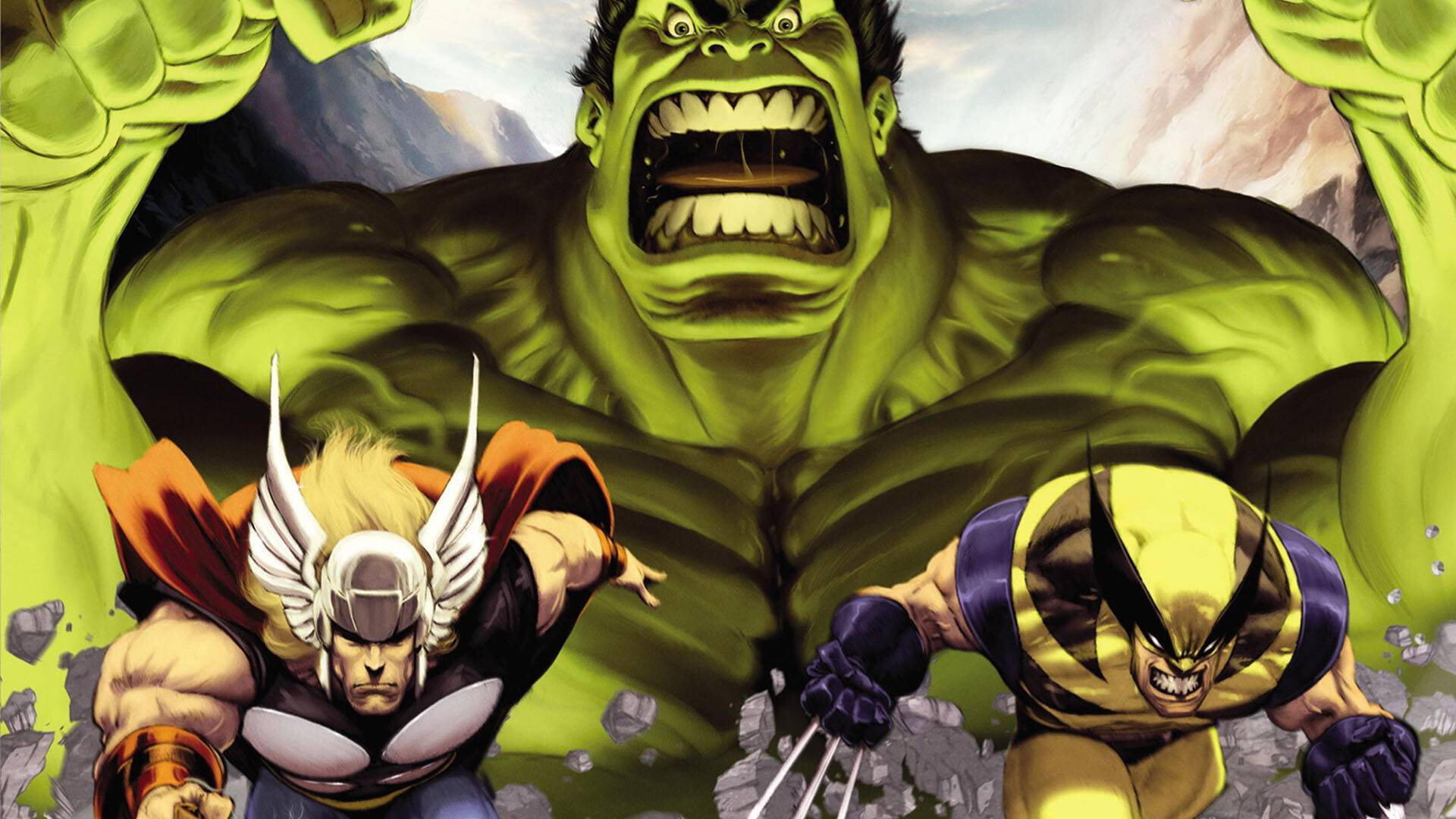HD PC desktop wallpaper: comic-style showdown with the Hulk roaring center as Thor and Wolverine charge forward amid rubble.