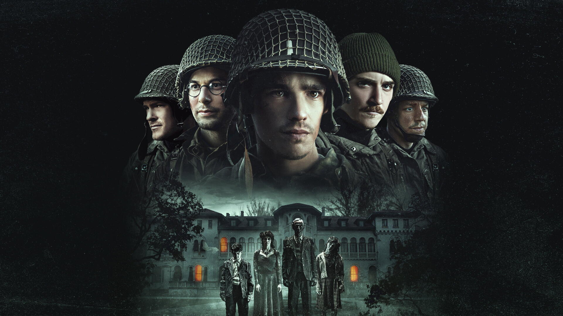 Ghost of War — 4K Ultra HD PC desktop wallpaper and background: five helmeted soldiers loom over a fog-shrouded, haunted manor with ghostly figures at the gate and dim orange windows.