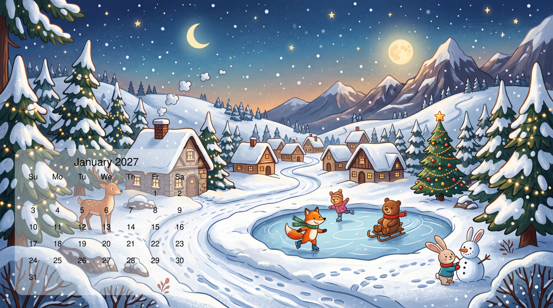 January 2027 calendar 5K UHD desktop wallpaper: snowy winter village at night, moonlit mountains, frozen pond with skating animals, decorated fir trees and cozy cottages.
