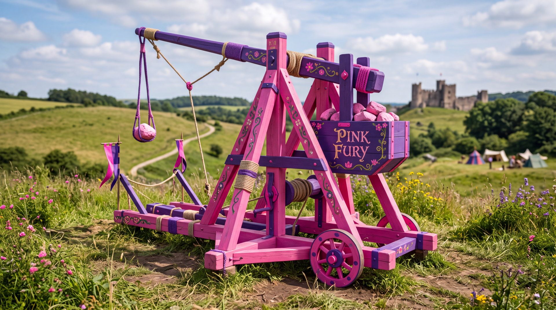 Vibrant pink trebuchet catapult labeled Pink Fury on a grassy field with a distant castle, 5K Ultra HD PC desktop wallpaper background.