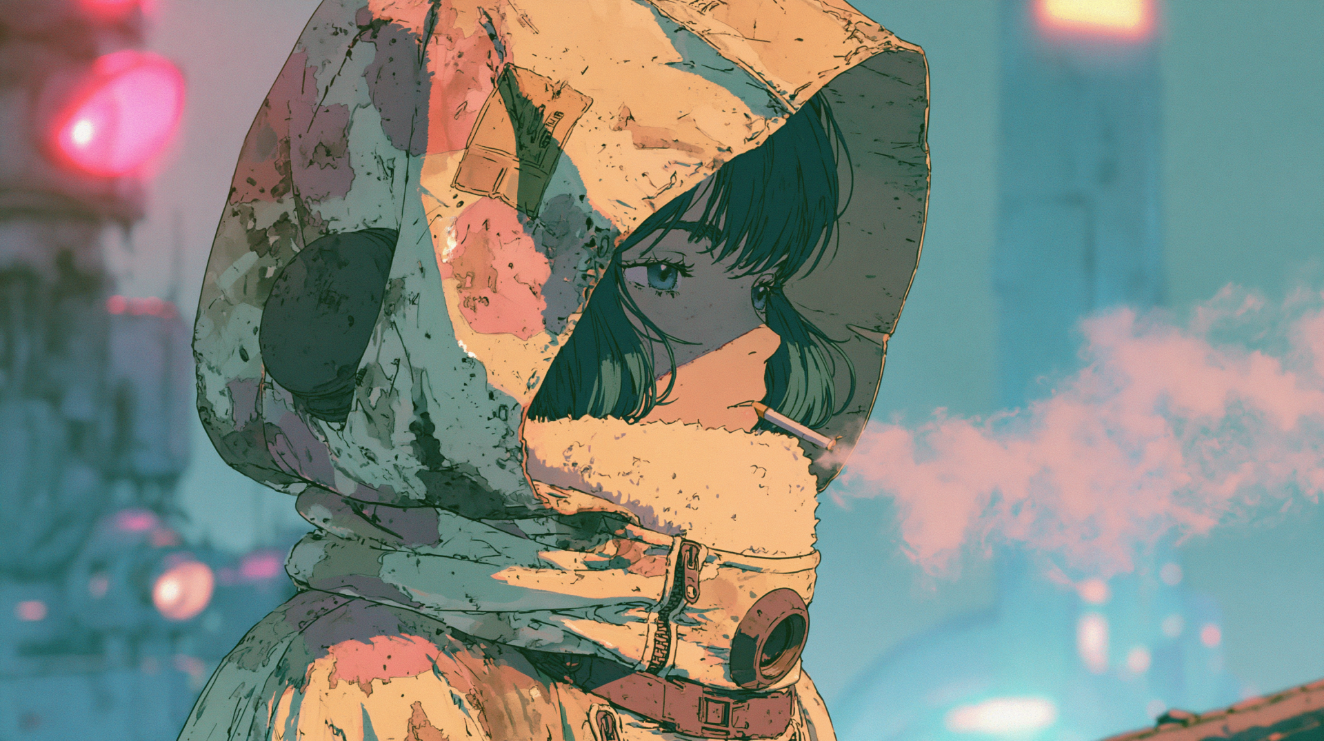 Anime girl astronaut with helmet and hood, cigarette smoke drifting through neon haze — 2K Quad HD PC desktop wallpaper/background.
