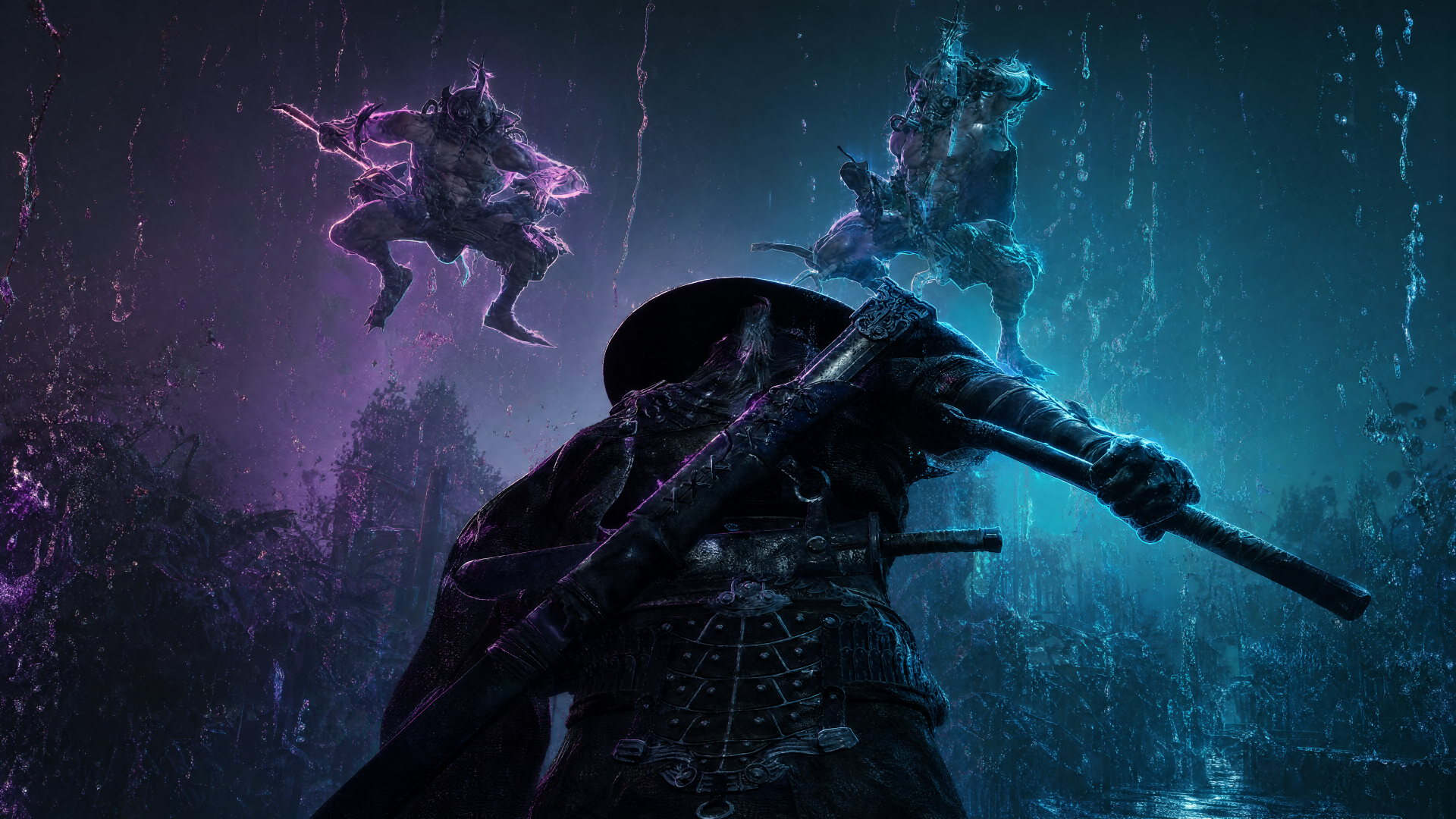 Phantom Blade Zero 4K Ultra HD PC desktop wallpaper and background: cloaked samurai warrior brandishing a sword amid neon purple and teal specters.