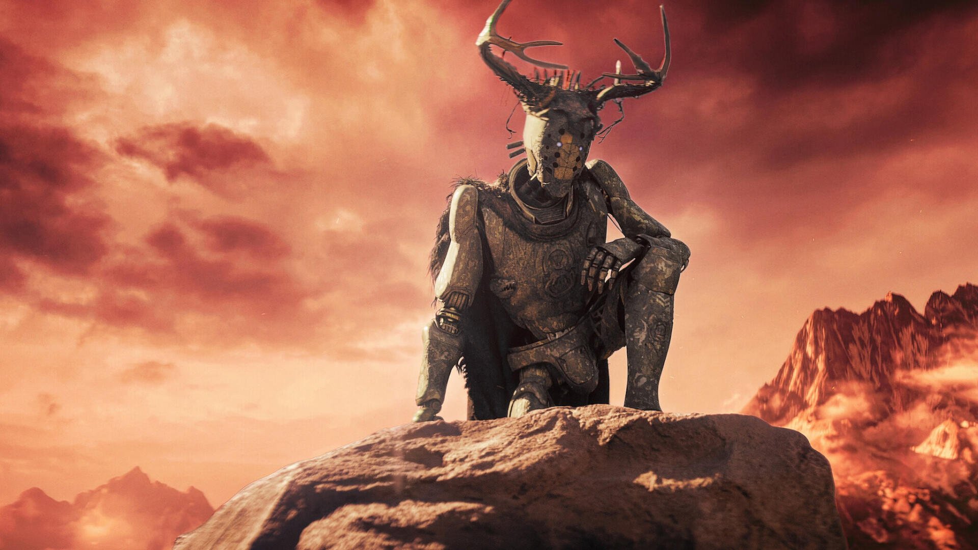 Rebel Moon - Part Two: The Scargiver HD PC desktop wallpaper: horned warrior in armor kneels on a rocky outcrop beneath a blood-red sky.