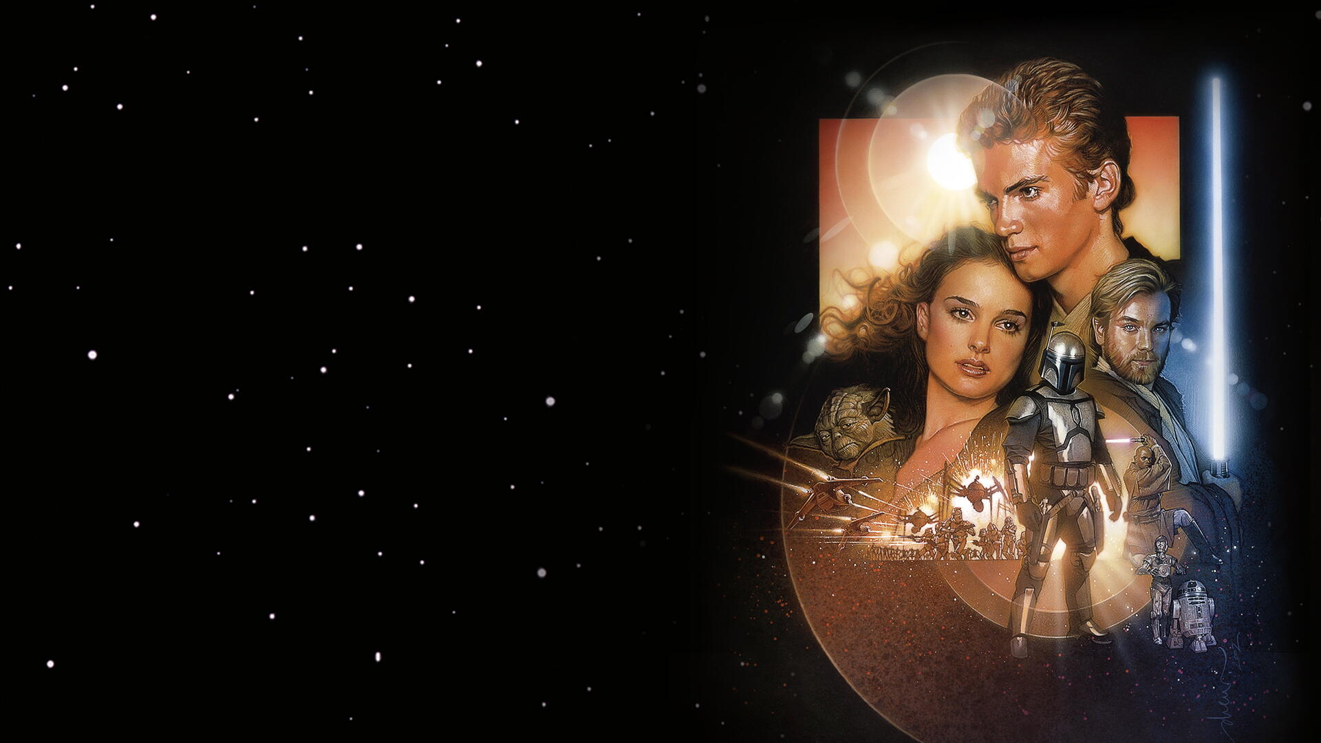 Star Wars Episode II: Attack Of The Clones 4K Ultra HD PC wallpaper: Anakin, Padmé and Obi‑Wan with Clone troopers and Jango Fett against a starry black backdrop.