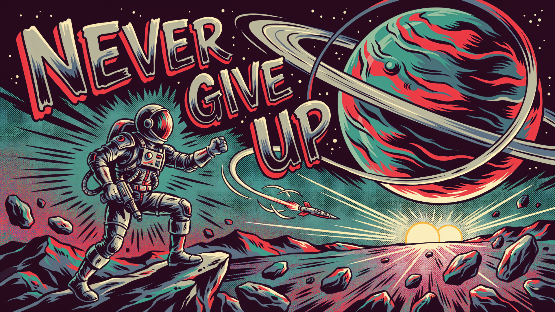 4K Ultra HD PC desktop wallpaper: stylized astronaut on a rocky alien landscape reaching toward a vibrant ringed planet as NEVER GIVE UP arcs across a dramatic space sunrise.