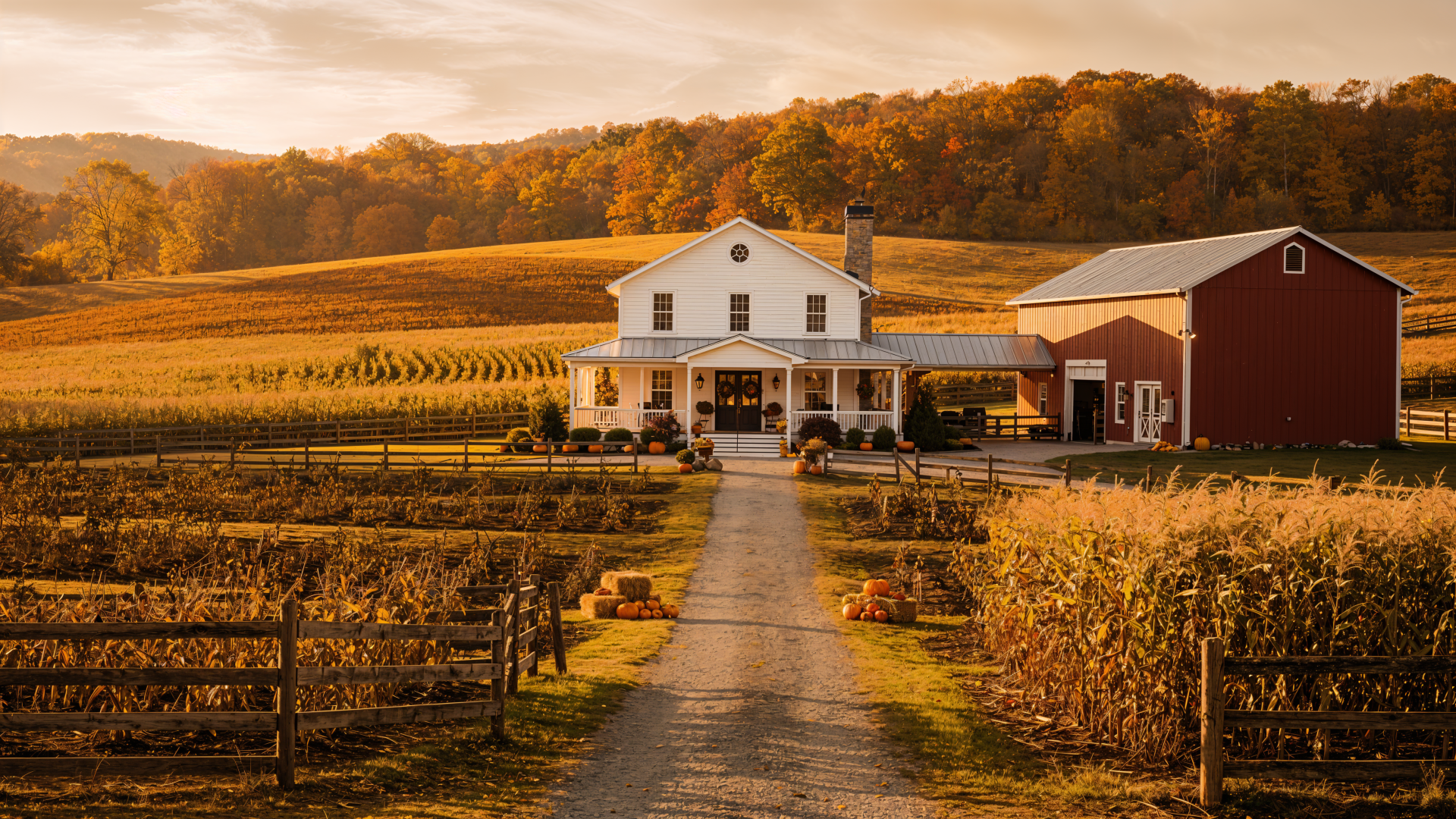 Autumn farm scene: white farmhouse and red barn beside golden fields and cornrows, tree-lined hills at sunset — 4K Ultra HD PC desktop wallpaper.