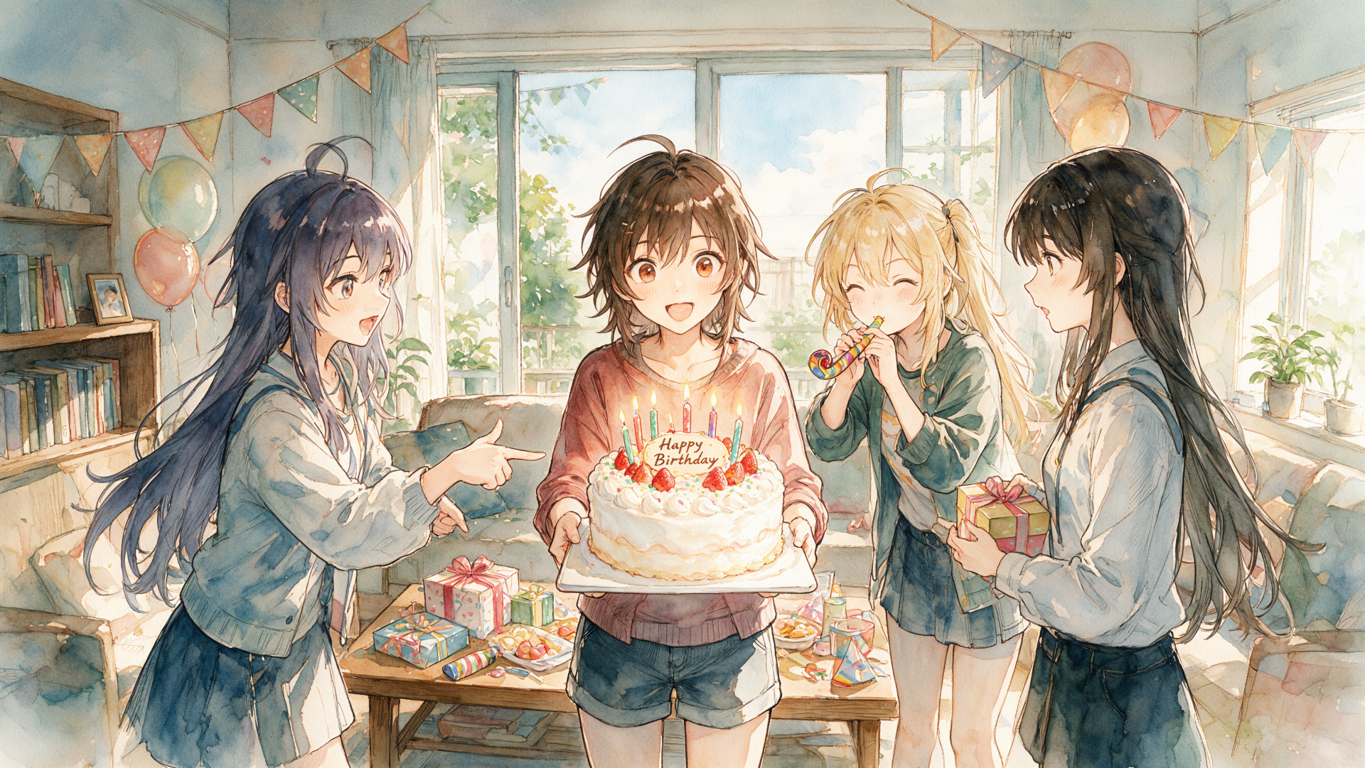 Anime birthday scene of four girls celebrating with a cake and gifts in a sunlit room, festive banners and smiles — 4K Ultra HD PC desktop wallpaper/background.