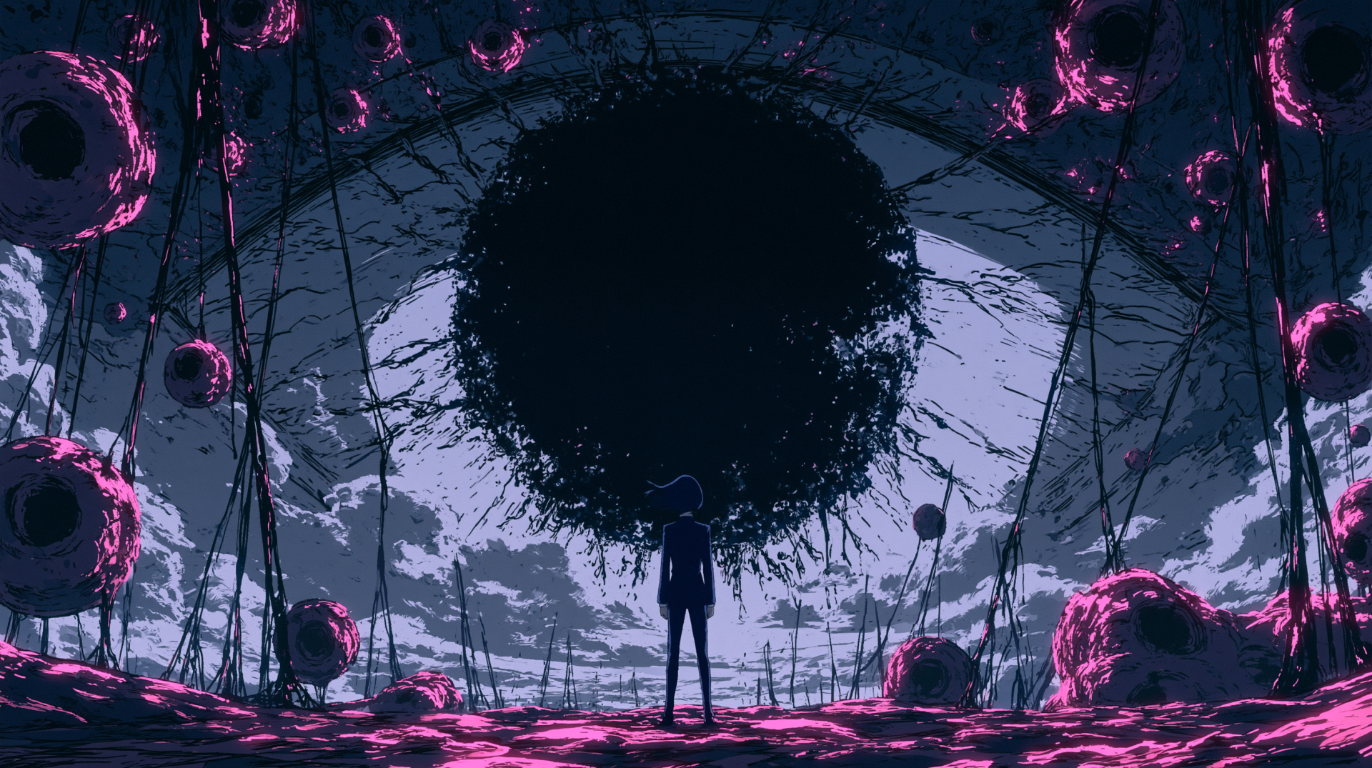 Anime dark 2K Quad HD PC desktop wallpaper and background: silhouette in a cave facing a colossal black eye-like orb, surrounded by glowing pink growths — moody dark anime scene.