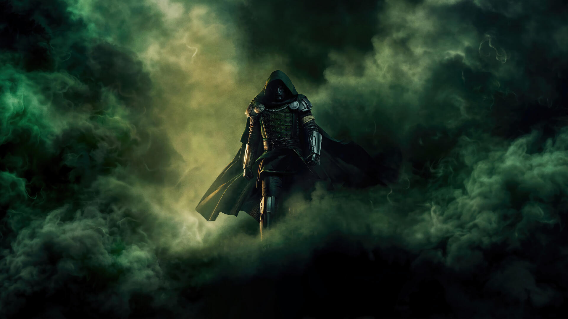 Avengers: Doomsday — hooded, armored figure emerging through swirling green clouds; 4K Ultra HD PC desktop wallpaper and background.