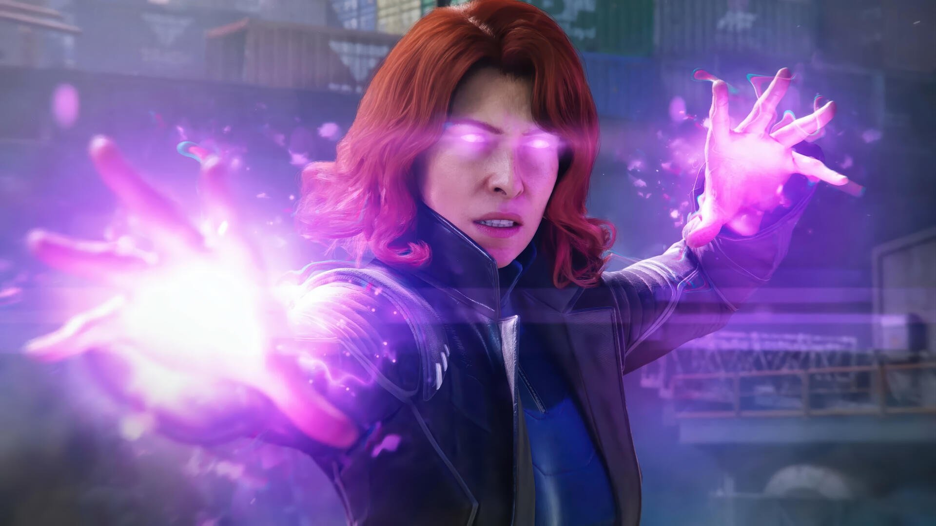 4K Ultra HD PC desktop wallpaper of a red-haired X‑Men telepath unleashing vivid purple psychic energy from her eyes and hands — Marvel's Wolverine / X-Men artwork.