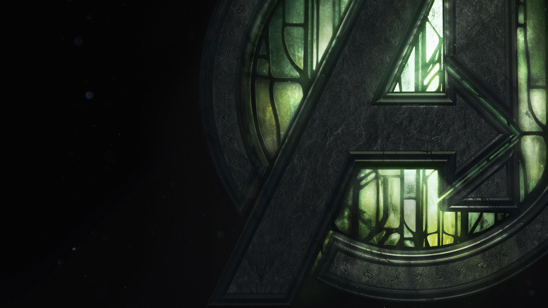 Avengers: Doomsday — close-up of the Avengers A emblem with eerie green backlight; 4K Ultra HD PC desktop wallpaper background.
