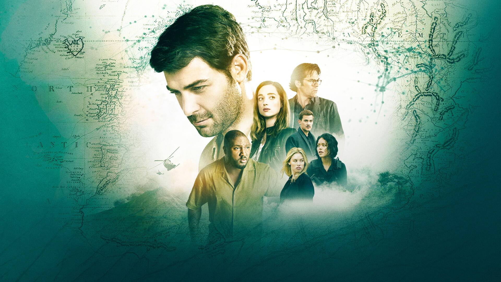 4K Ultra HD PC desktop wallpaper for Zoo (TV Show): layered portraits of the ensemble over a misty world map background.