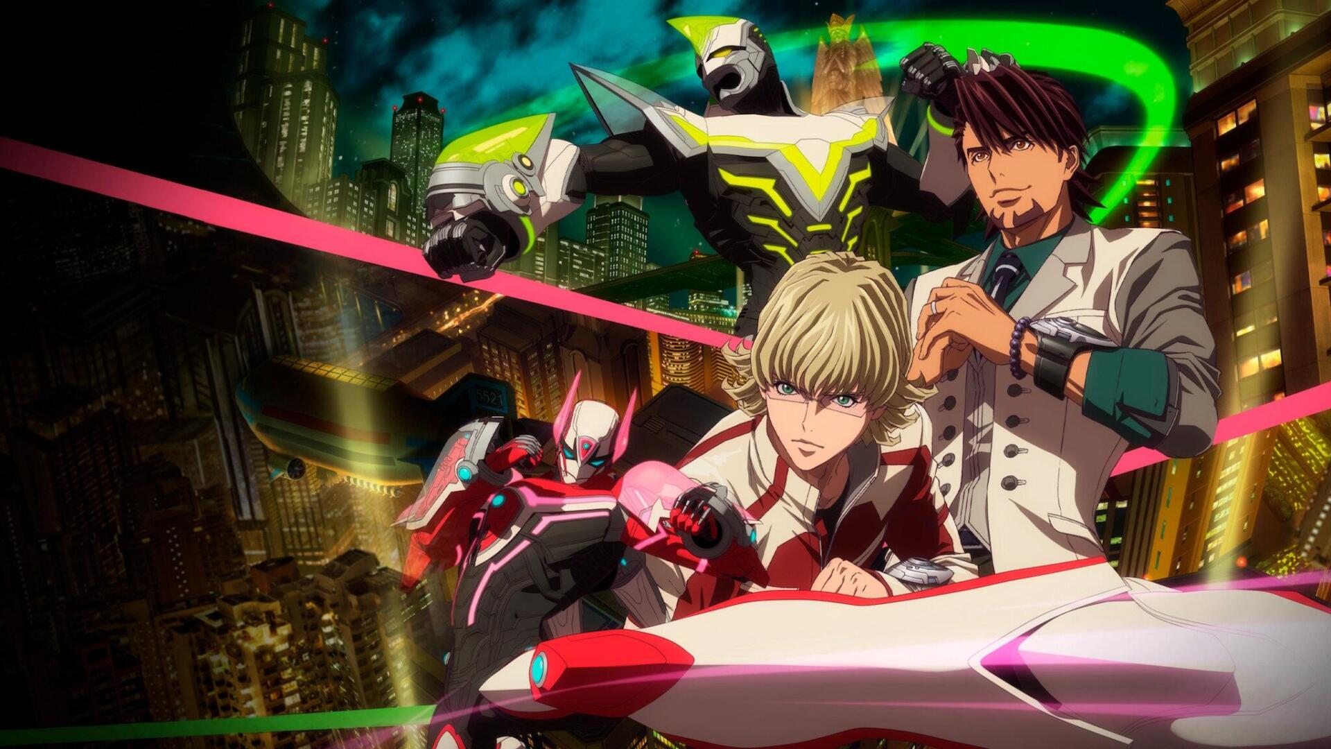 HD PC desktop wallpaper background of Tiger & Bunny: Barnaby and Kotetsu in armored suits posed before a neon-lit cityscape, with dynamic green and pink light trails.