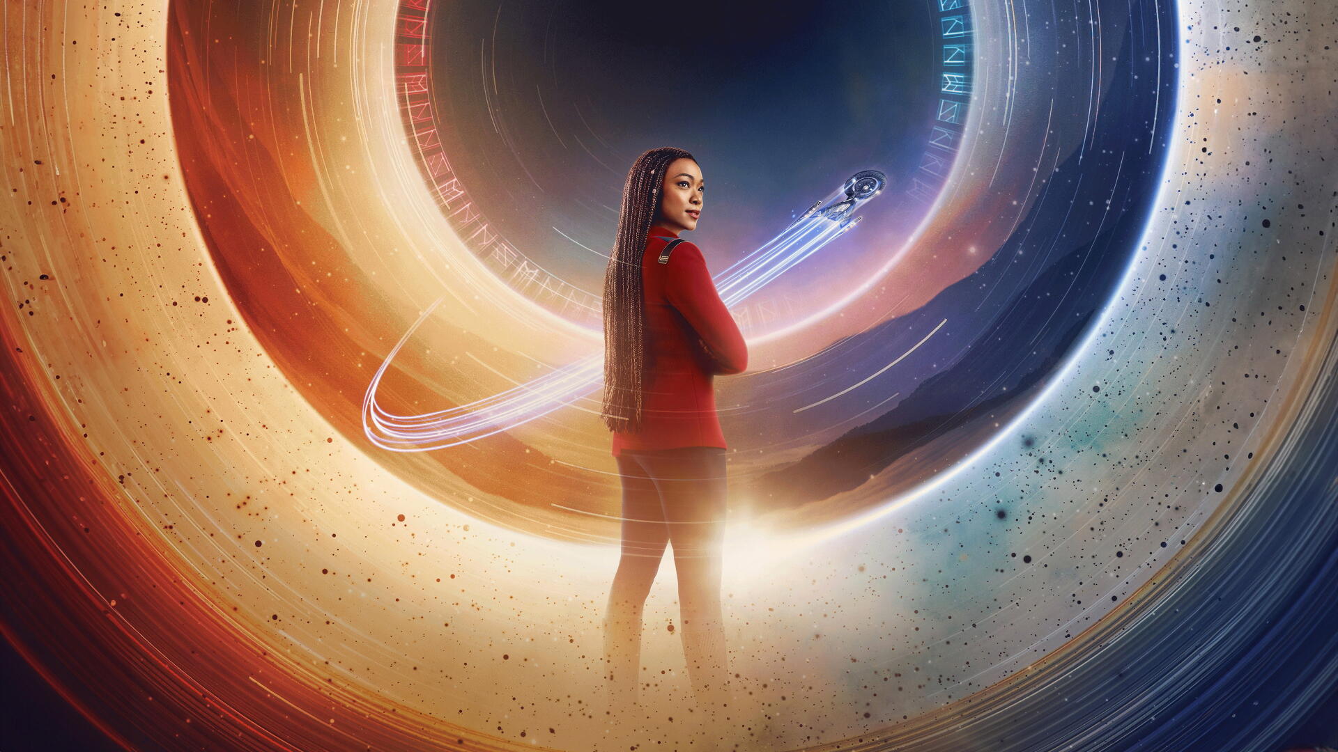 Star Trek: Discovery 4K Ultra HD PC desktop wallpaper/background: a Starfleet officer in a red uniform stands before a luminous circular warp ring, colorful cosmic swirls and stardust backdrop.