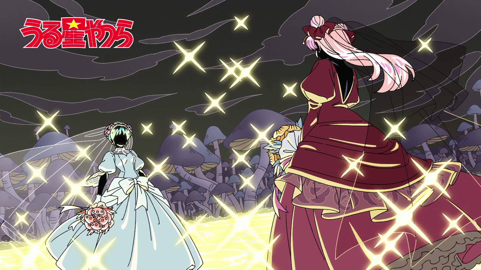 HD PC desktop wallpaper from Urusei Yatsura (2022) anime featuring Lum and Carla — Carla in a crimson gown with pink hair, Lum in a pale bridal dress amid glowing golden sparks and dark swirling clouds.