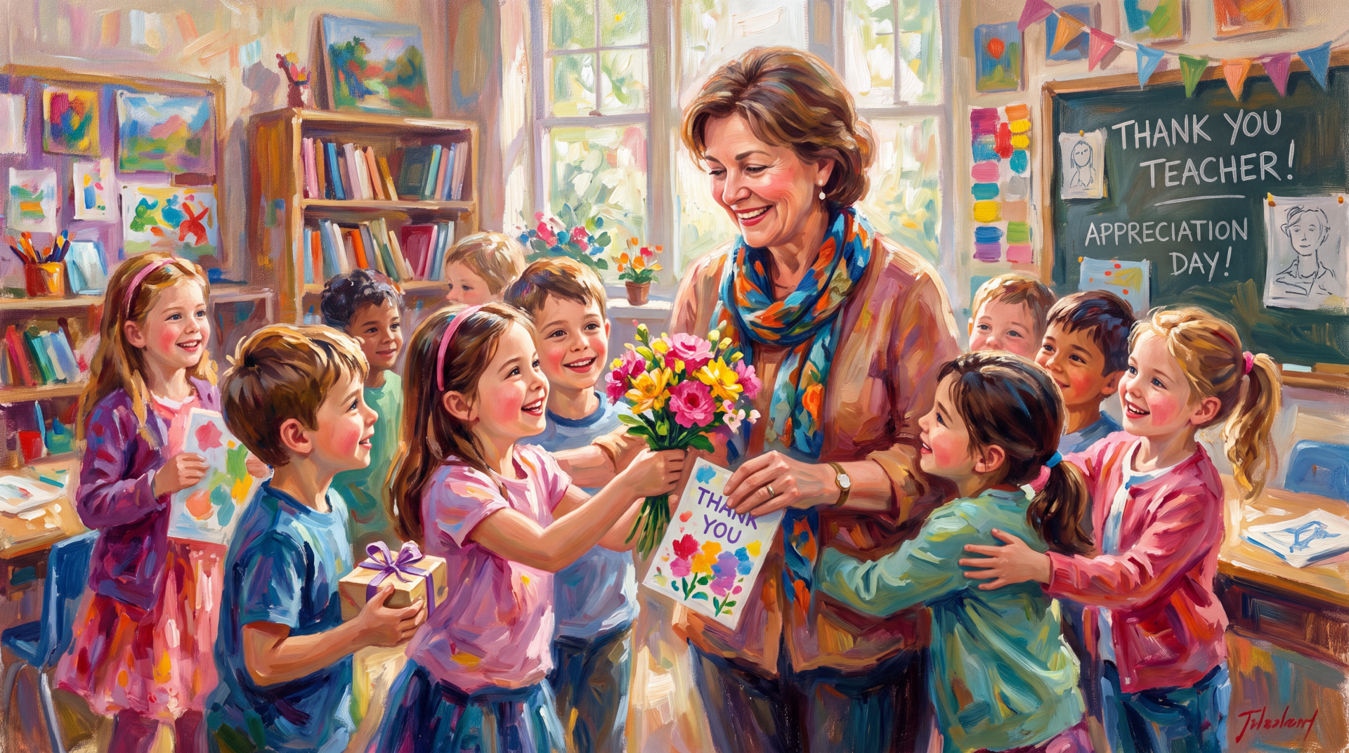 5K Ultra HD desktop wallpaper of a teacher appreciation scene: joyful children in a classroom present flowers and handmade cards to a smiling teacher.
