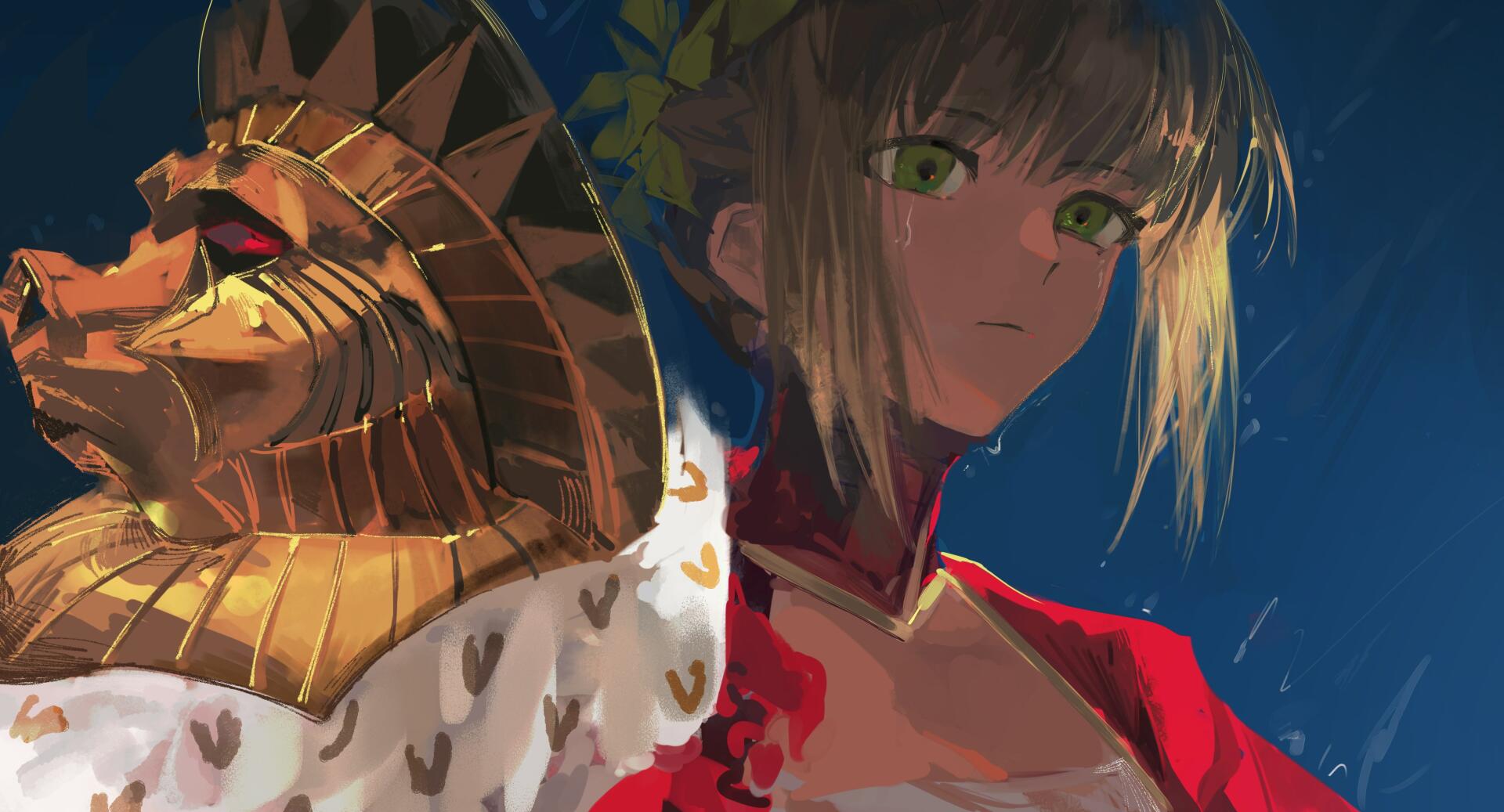 4K anime desktop wallpaper of Nero Claudius (Fate/Extra), close-up portrait in a red imperial robe with golden laurel and regal mask, dramatic lighting against a deep blue background.