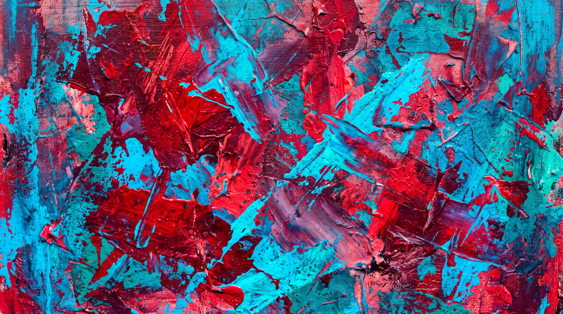 Abstract paint texture of bold red and turquoise impasto strokes — 5K Ultra HD PC desktop wallpaper and background.