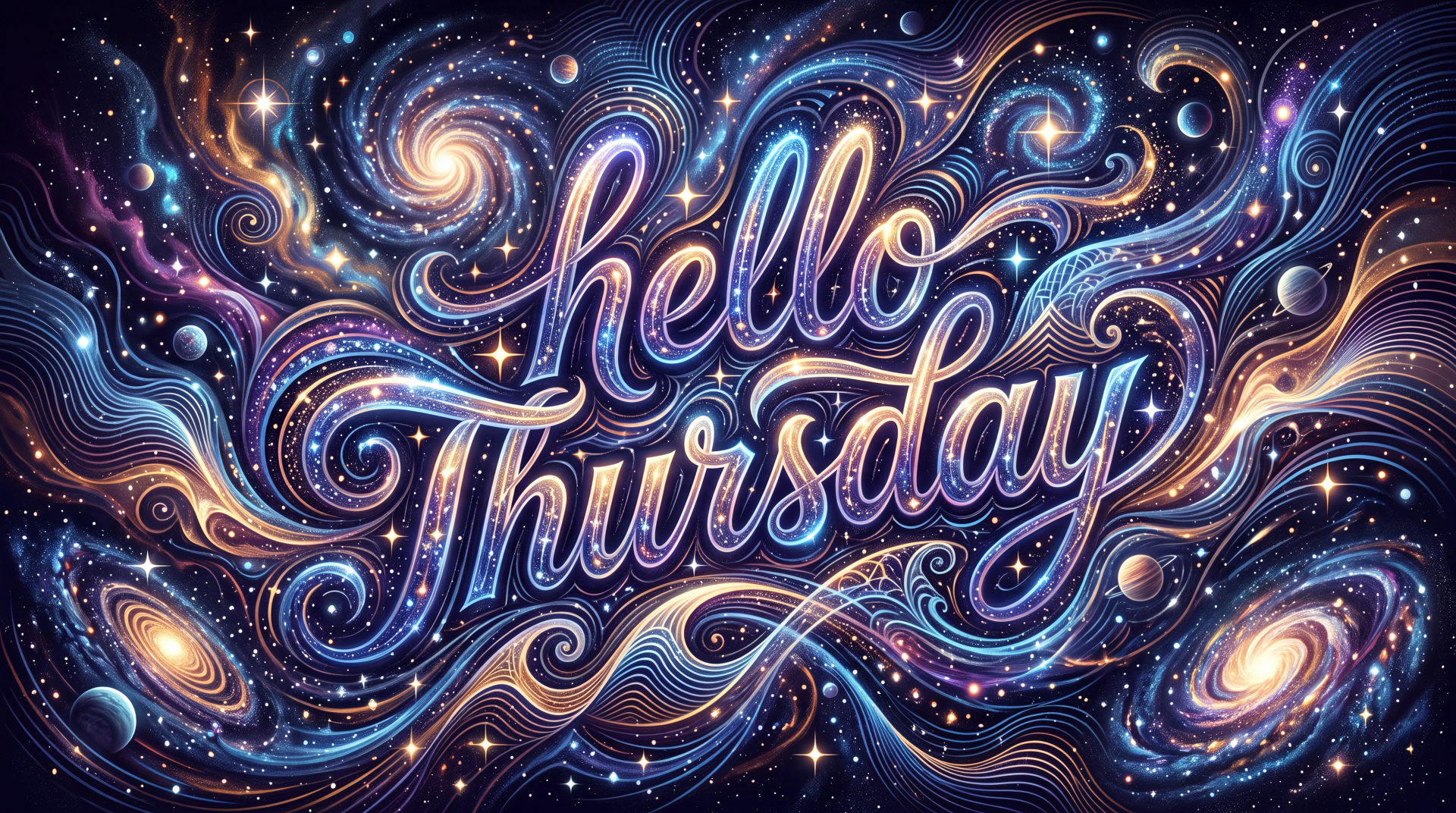 Ornate cosmic lettering reads hello Thursday amid swirling galaxies and stars, flowing typography and lettering details — 5K Ultra HD greeting PC desktop wallpaper