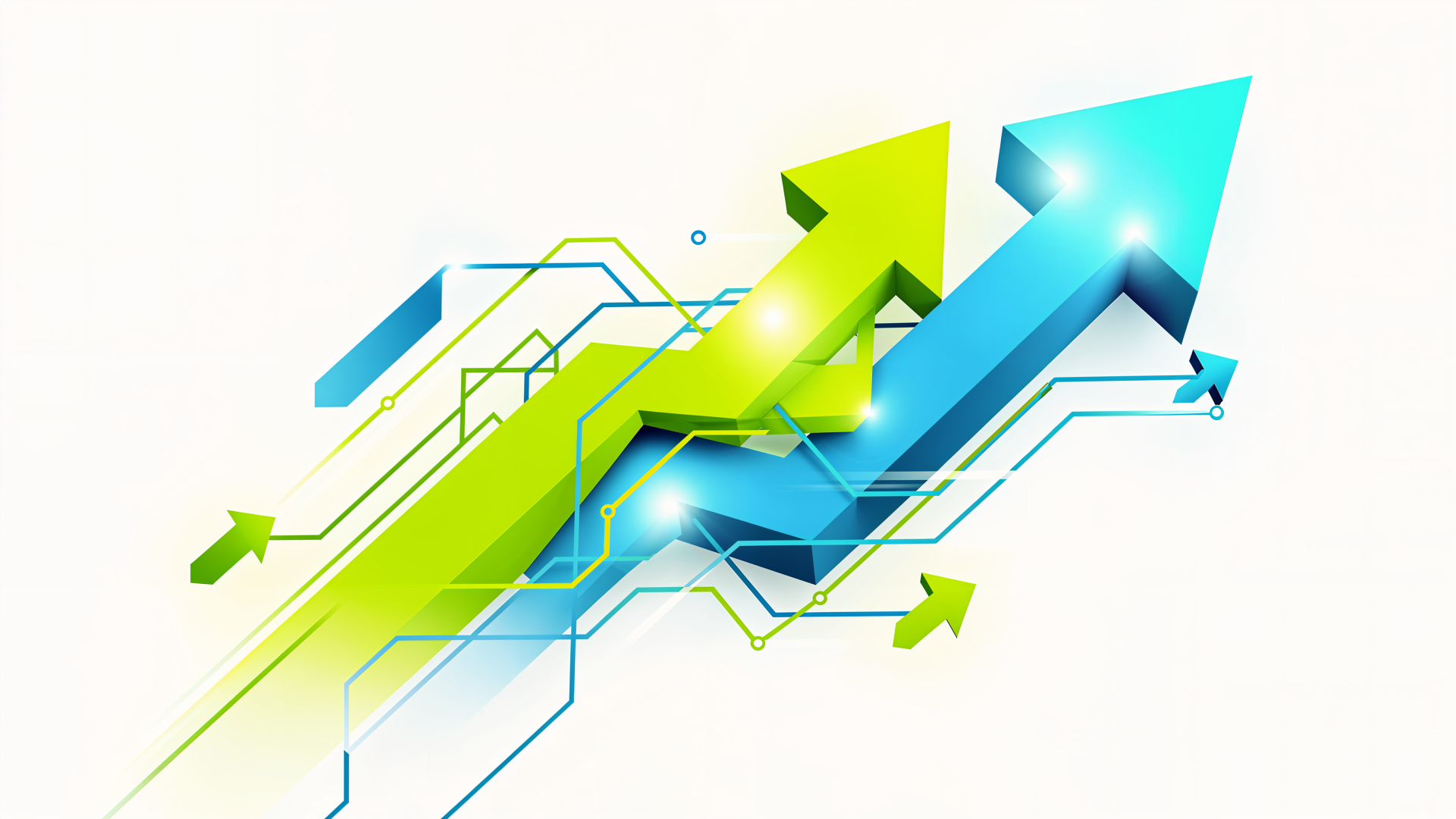 4K Ultra HD desktop wallpaper: overlapping blue and green upward arrows with circuit-style chart lines symbolizing productivity and growth.