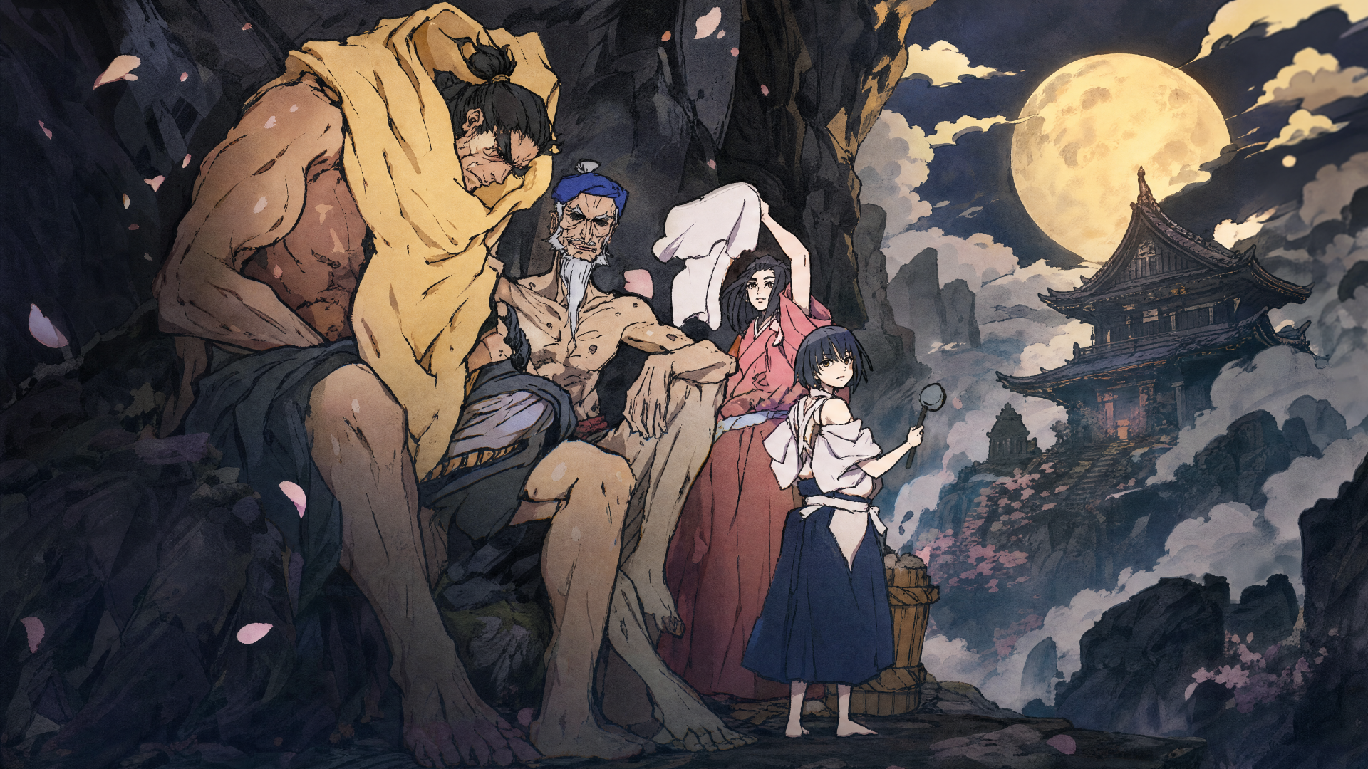 4K Ultra HD PC desktop wallpaper for Sekiro: No Defeat — a hulking monster and battered warriors flank two women and a child under a full moon, temple atop rocky cliffs.
