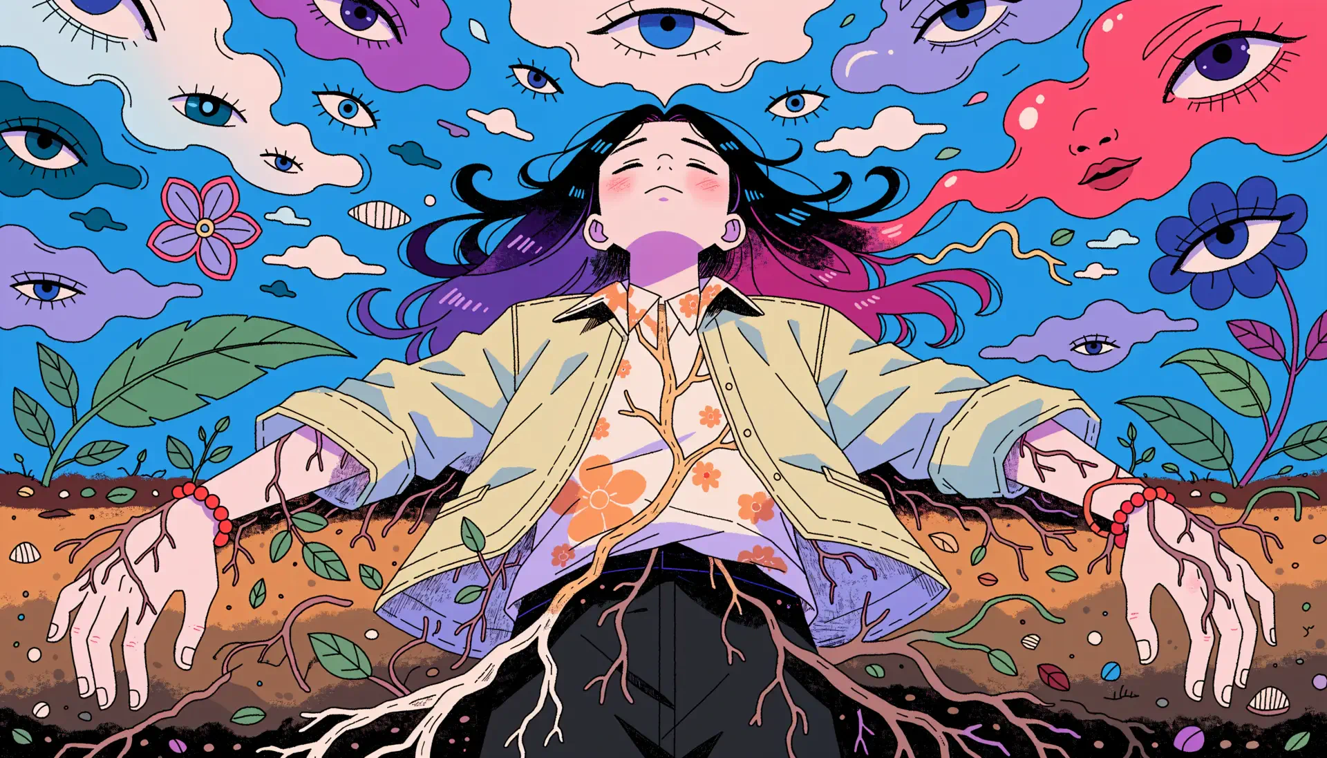 4K Ultra HD PC desktop wallpaper and background: surreal illustration of a woman lying as roots and veins sink into earth, vibrant sky of floating eyes, faces and plants.
