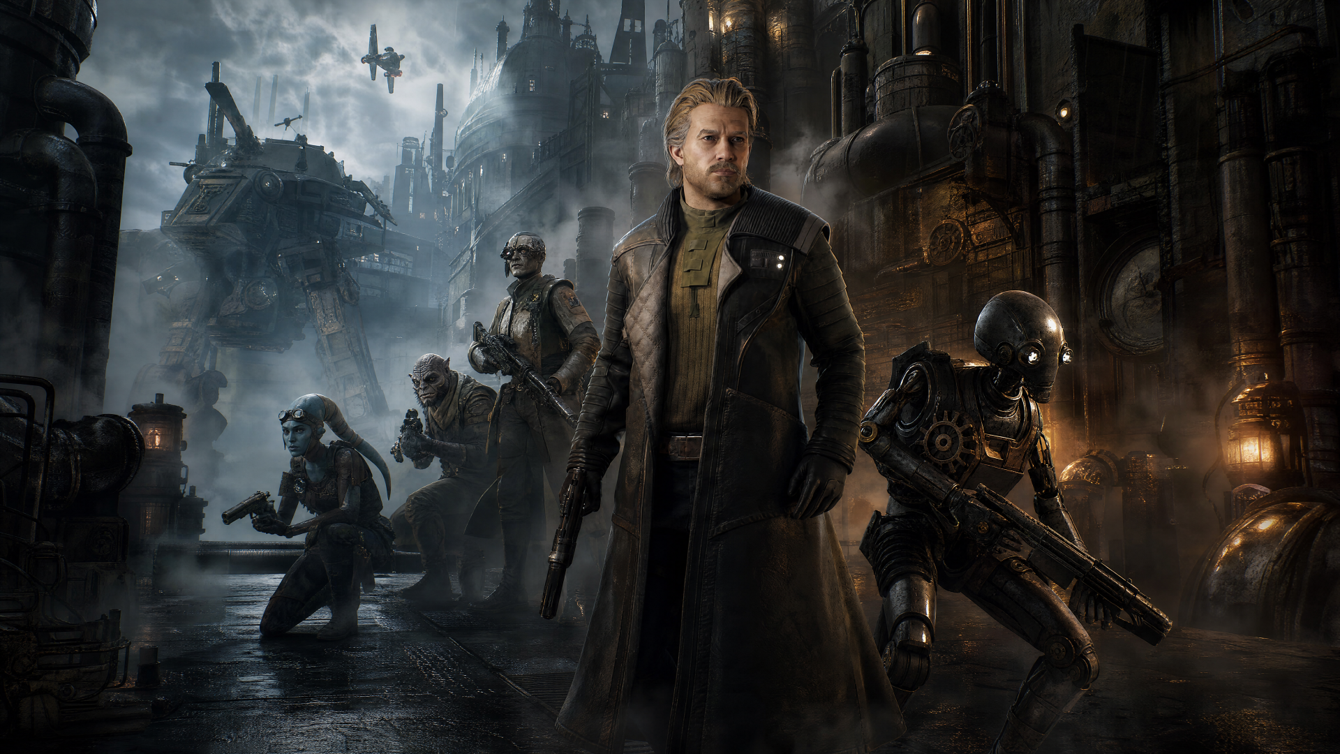 Star Wars: Zero Company video game 4K Ultra HD PC wallpaper of a lone man in a trench coat leading armed troopers through a rain-slick industrial city as starfighters patrol above.