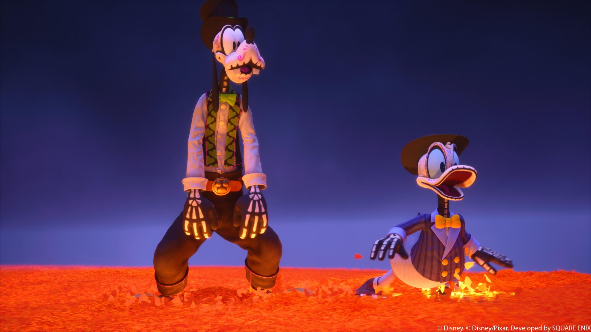 4K Ultra HD PC desktop wallpaper: Goofy and Donald Duck from the video game Kingdom Hearts IV (Kingdom Hearts) sitting on a glowing red plain under a deep blue sky.