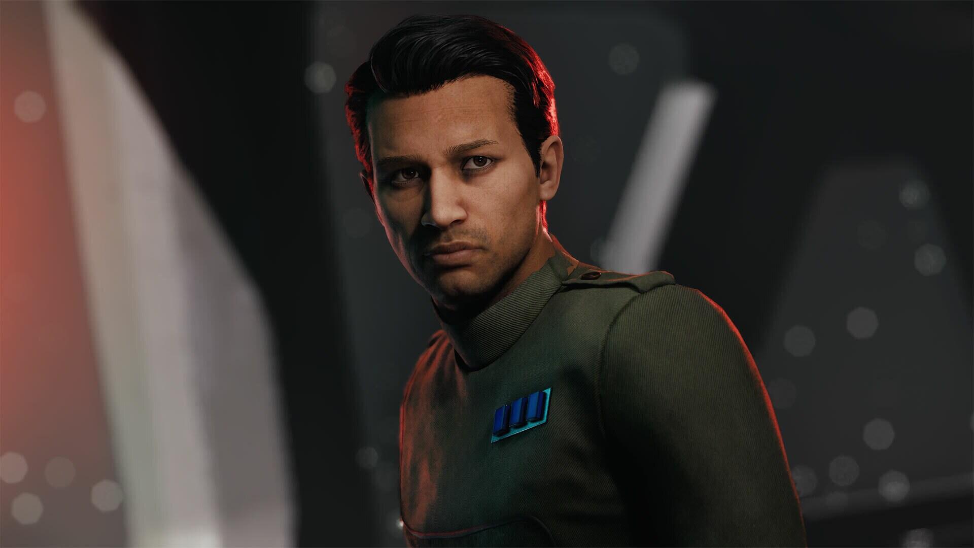 HD PC desktop wallpaper from the video game Star Wars: Zero Company — Bennic Halloren, a stern Imperial officer in uniform set against a dark starship interior.